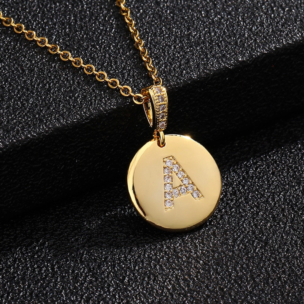 18K Gold Plated Round Disc Initial Necklace Stainless Steel Micro Pave CZ Letter Pendant