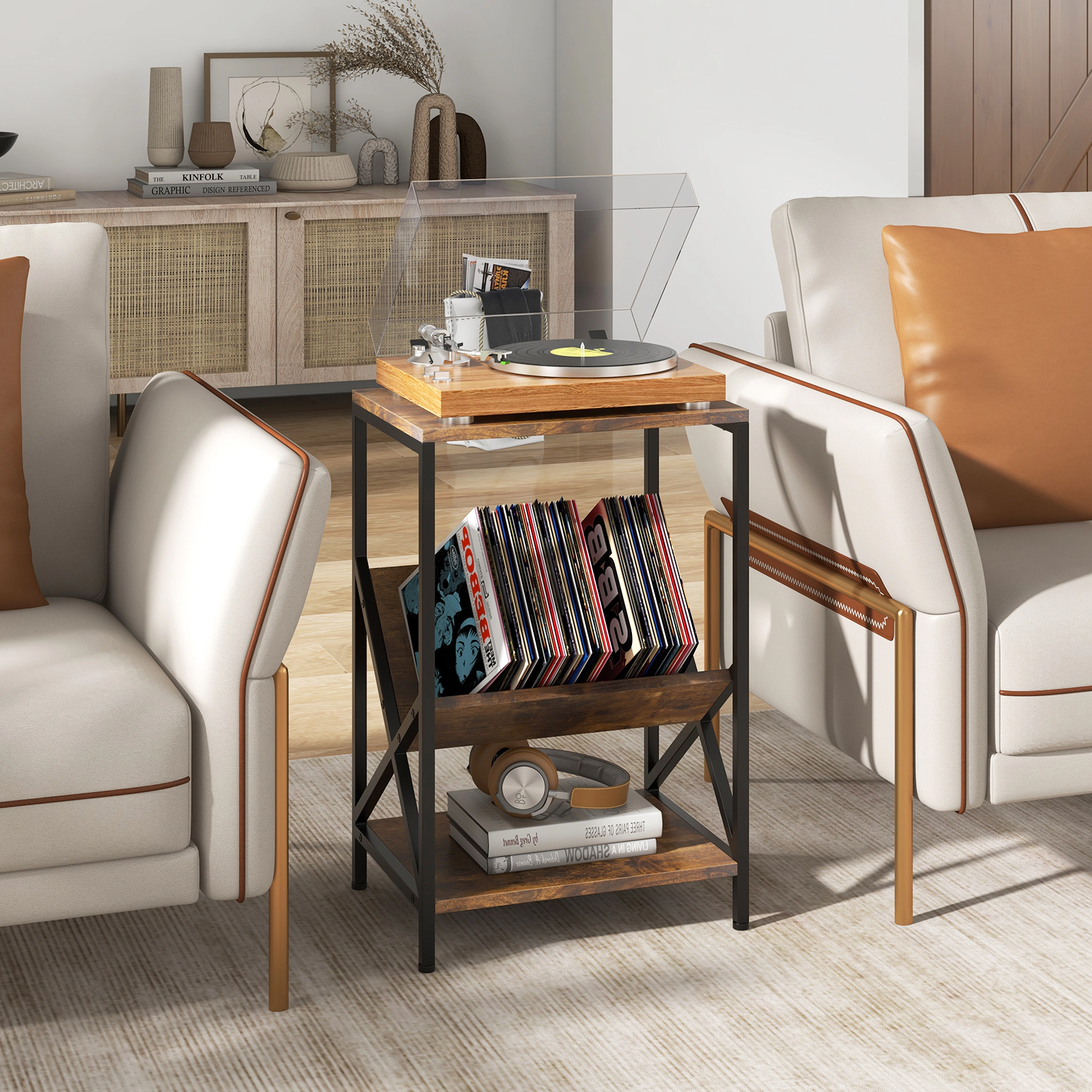 Glintex 3-Tier Industrial Side Table with V-Shaped Magazine Rack and Steel Frame, Rustic Brown