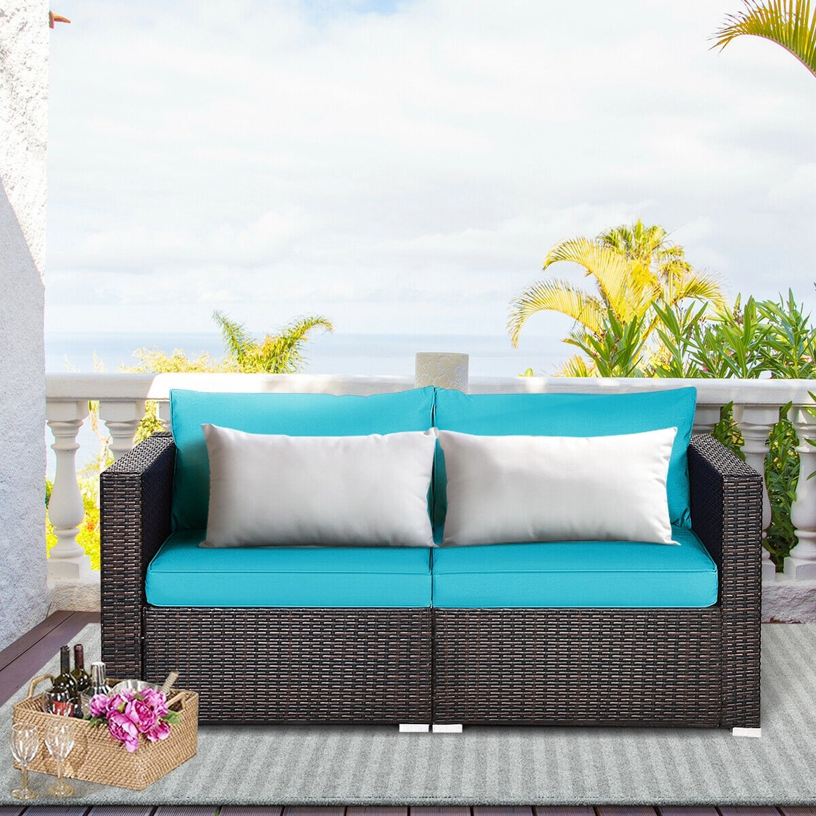 SUGIFT 2 Piece Patio Rattan Corner Sofa Set Blue Sectional Conversation Set with Cushions