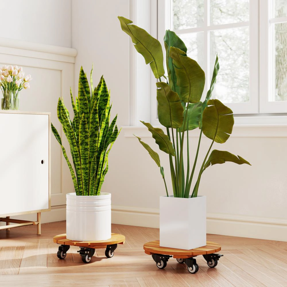 Hivvago Heavy Duty Acacia Wood Rolling Plant Stand with 360° Lockable Casters