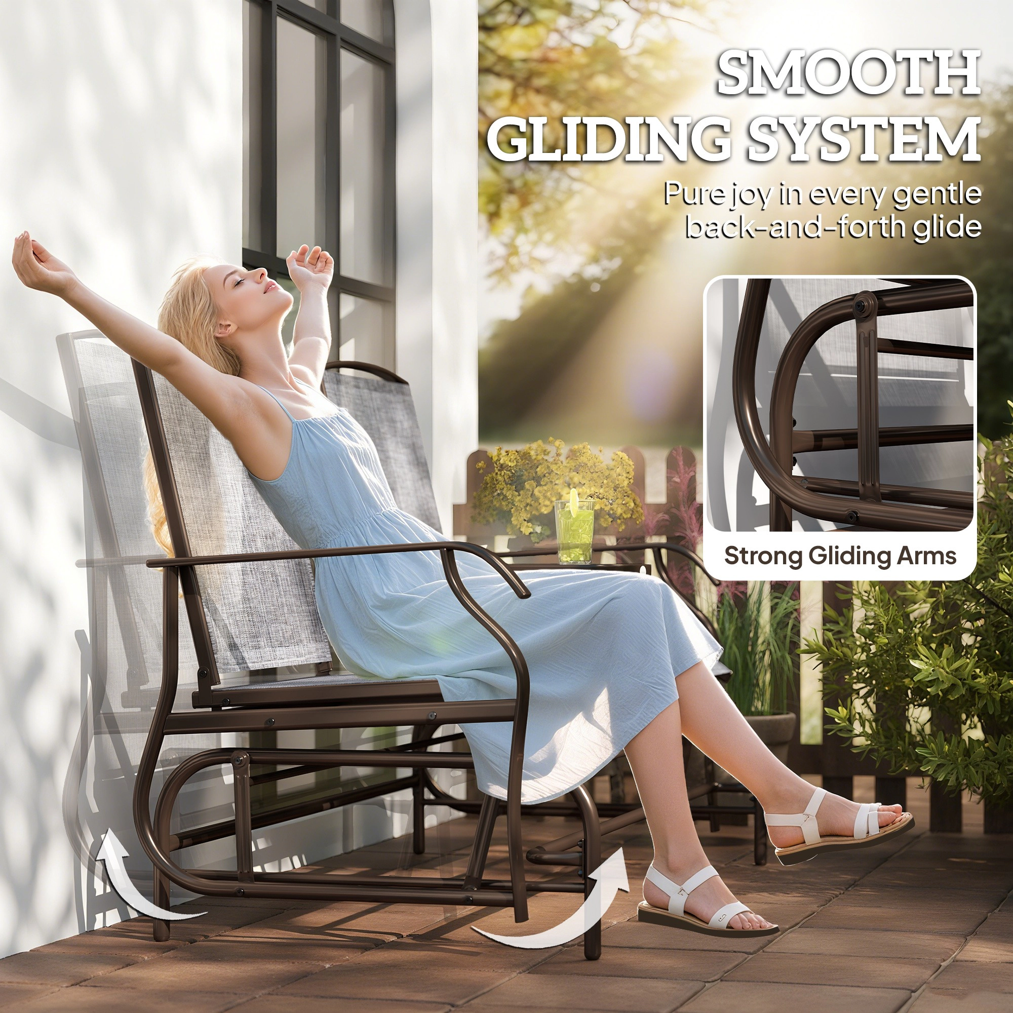 HONGGE Outdoor Glider Bench with Center Table, Metal Frame Patio Loveseat with Breathable Mesh