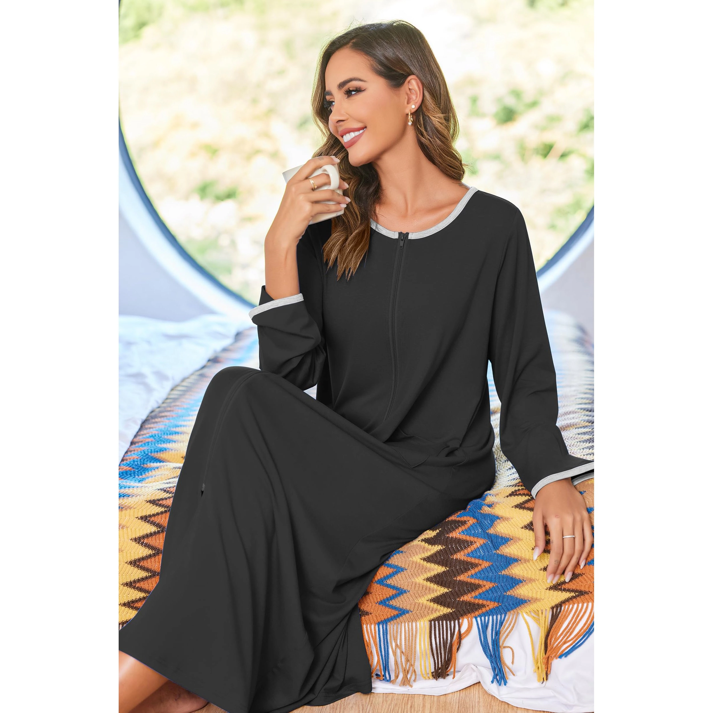 Ekouaer Women Long House Coat Zipper Front Robes Full Length Nightgowns with Pockets Striped