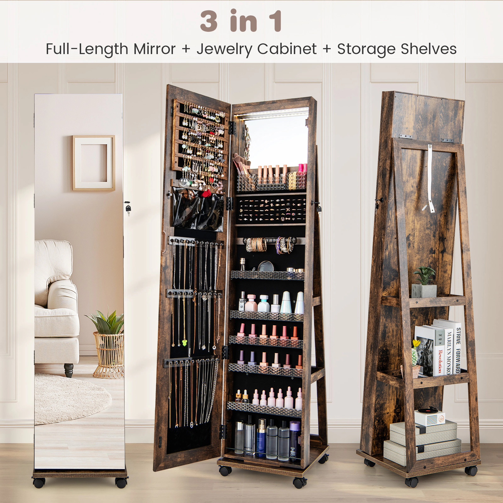 SUGIFT 64-in Lockable Jewelry Cabinet Armoire with Full-Length Mirror and Built-in Makeup Mirror Coffee