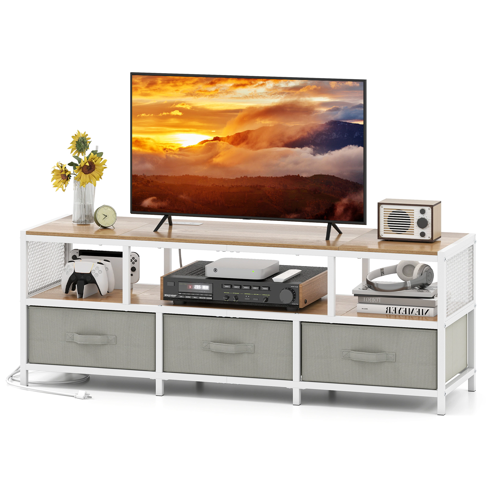 Glintex 55-Inch TV Stand with Fabric Drawers and Built-In Charging Station