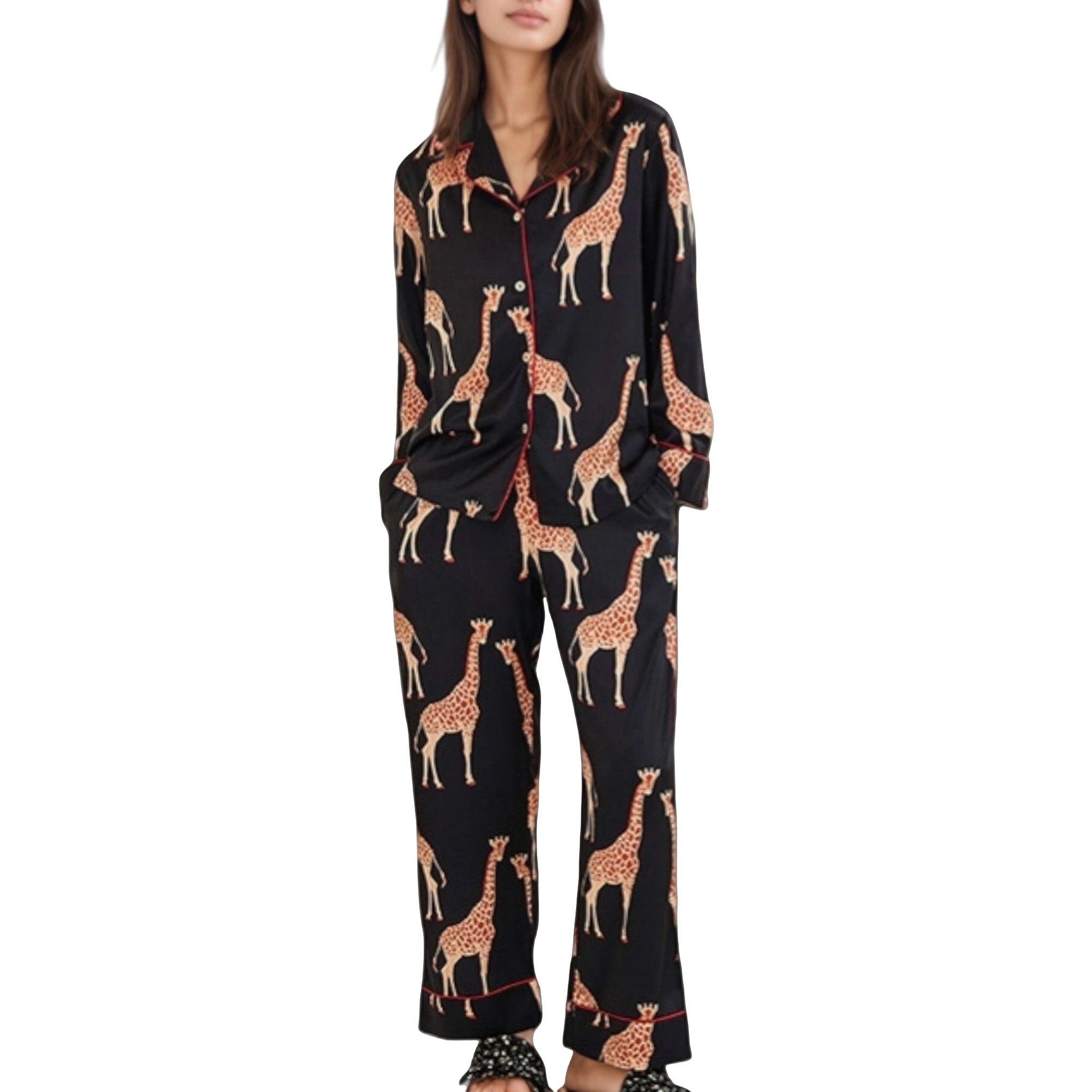 Anna-Kaci Women's Giraffe Print Pajama Set with Long Sleeve Button Down Top and Relaxed Fit Woven Pants