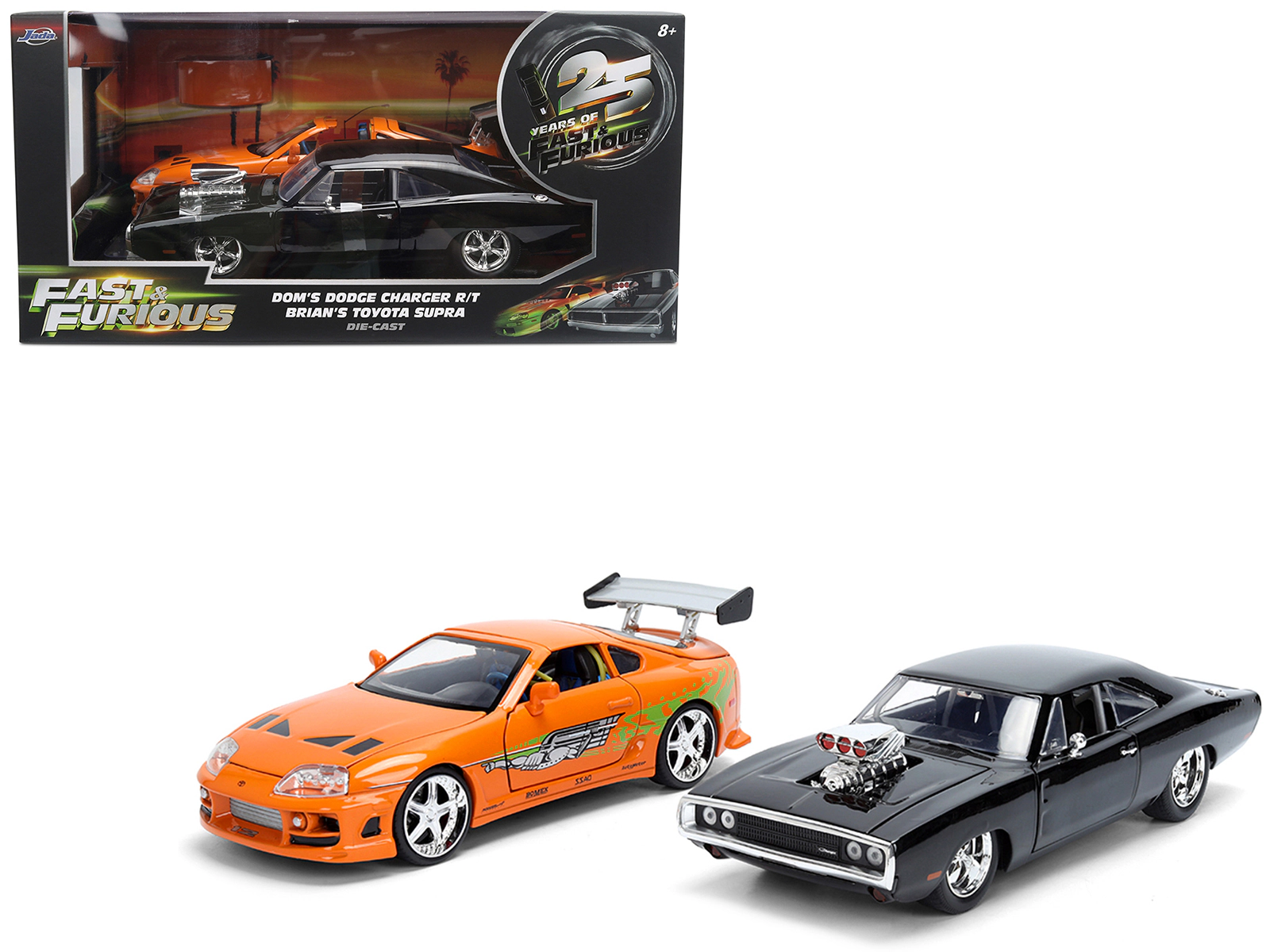 Jada Dom's 1970 Dodge Charger R/T Black and Brian's Toyota Supra Orange with Graphics Set of 2 Cars "Fast &