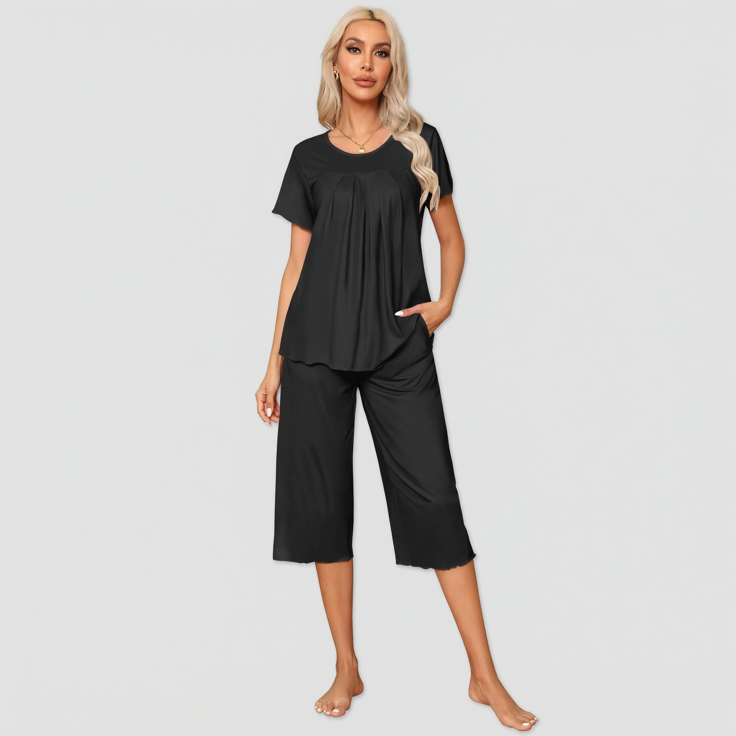 Ekouaer Pajama Set for Women 2 Piece Capri Pants Short Sleeve Top Sleepwear Soft Pjs Loungewear