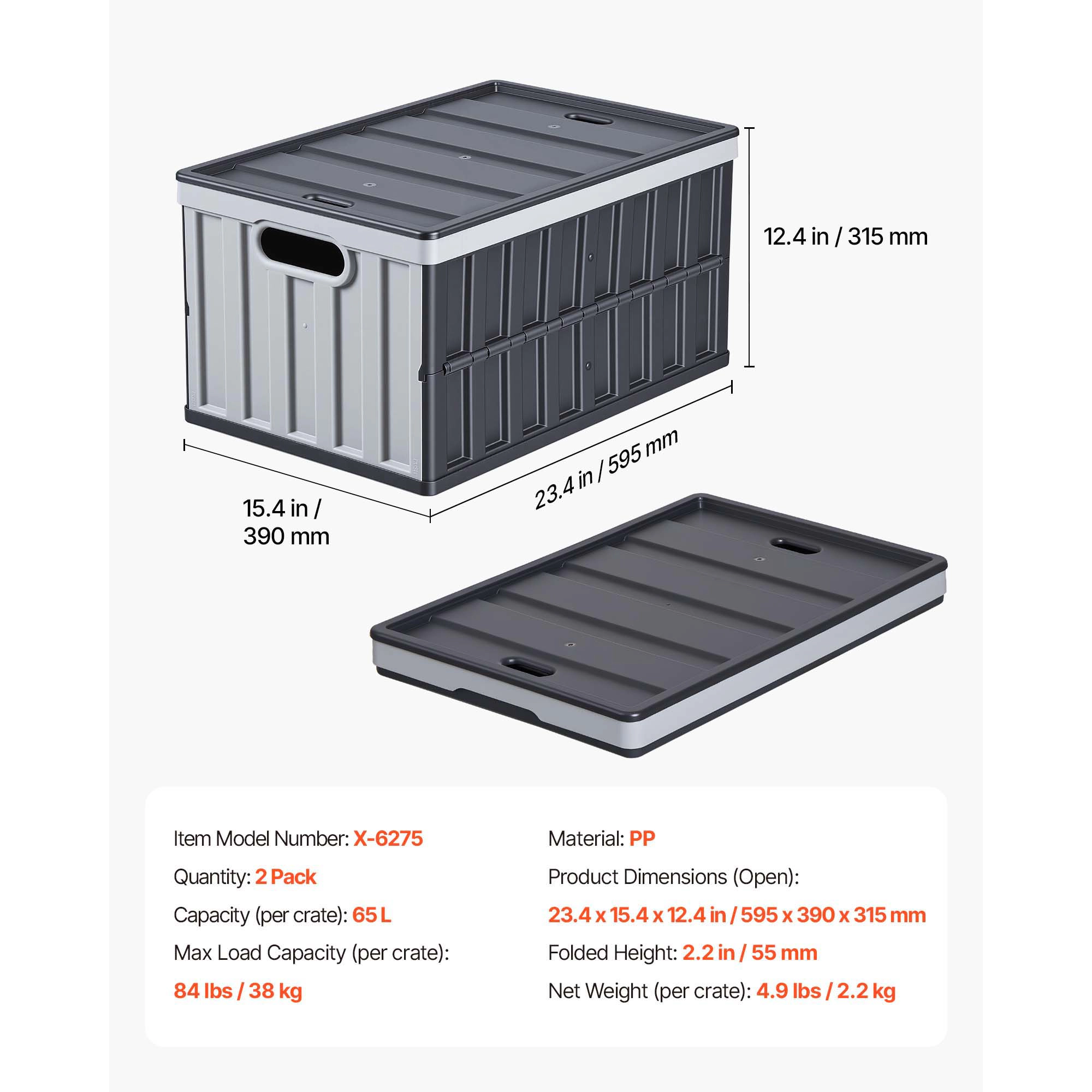 HONGGE Plastic Collapsible Storage Bins with Lids 65L Stackable Folding Storage Crates with Handles Holds 84 lbs Per