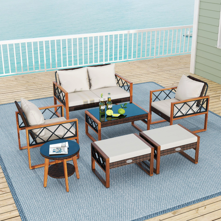 Hivvago 7 Pieces Patio Furniture Set Pe Wicker Acacia Wood Outdoor Conversation Set