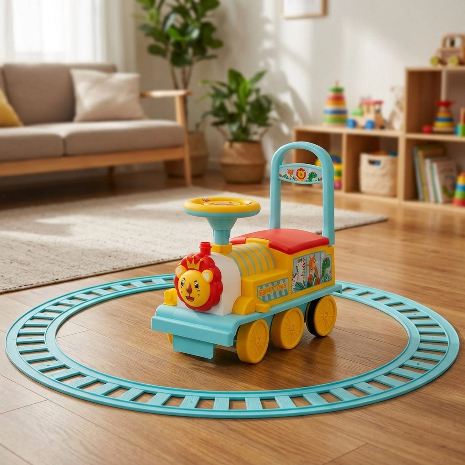 6V Kids Ride On Train 16-pc Track Forming a 7.2-ft Circle Anti-Tilt Device Retractable Footrests Ages 3+ Blue