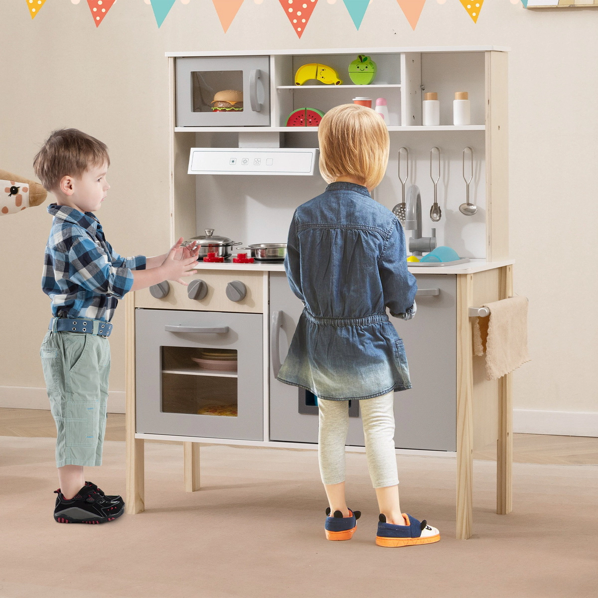 SUGIFT Wooden Pretend Play Kitchen Set with Microwave Range Hood Oven Sink and Ice Maker Ages 3-6 Years White