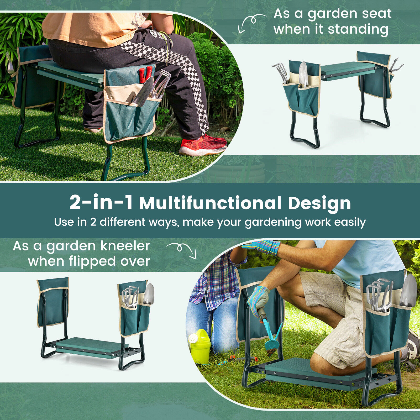 SUGIFT Folding 2-in-1 Garden Kneeler and Seat Bench 16 x 6-in EVA Foam Cushion 260-lb Capacity 23 x 11 x 20-in Green