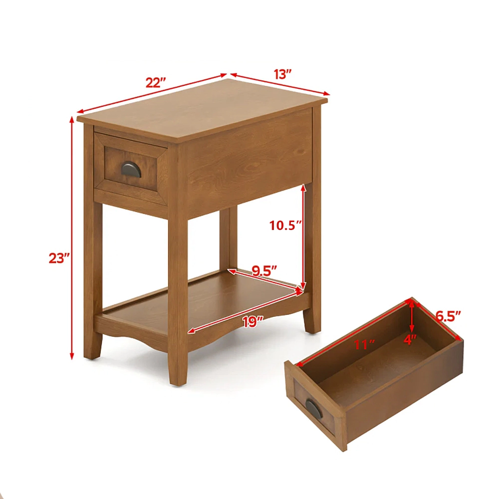 Hivvago Set of 2 Retro Slim End Tables with Drawer and Storage Shelf