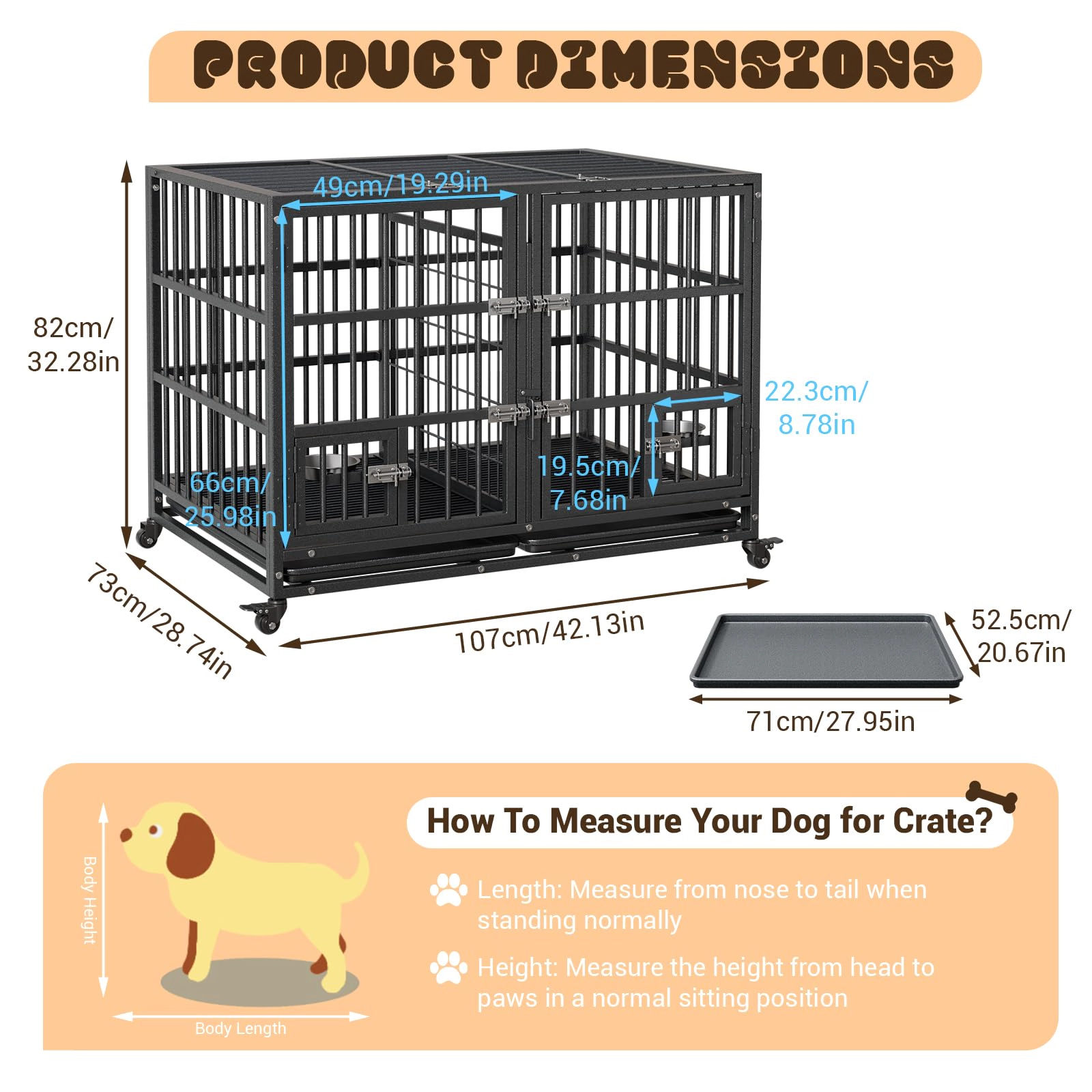 Heavy Duty Extra Large Metal Dog Crate with Roof Top, 2 Doors, Removable Tray & Wheels for High Anxiety Giant Breeds