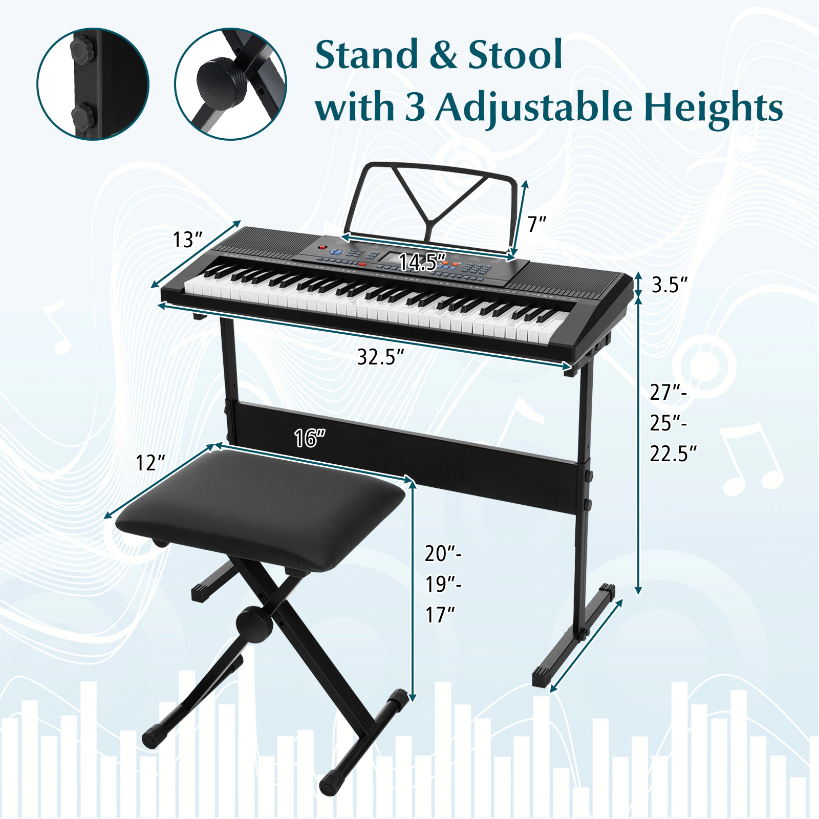 SUGIFT 61-Key Electronic Keyboard Piano Starter Set with Stand Bench and Headphones Black White
