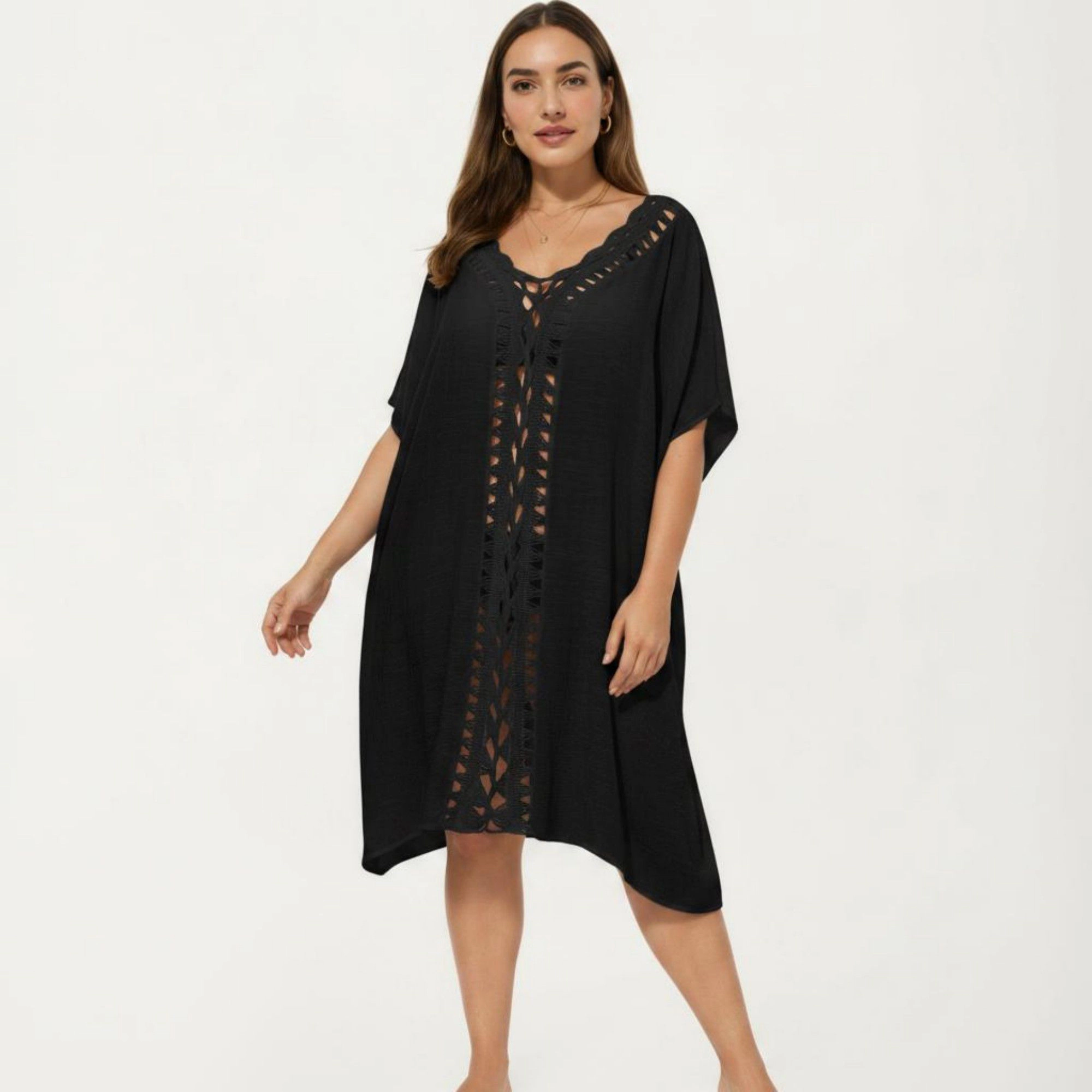 Anna-Kaci Women's Swim Cover Up Kaftan Dress with Crochet Cutout Trim Loose Short Sleeves Midi Fit