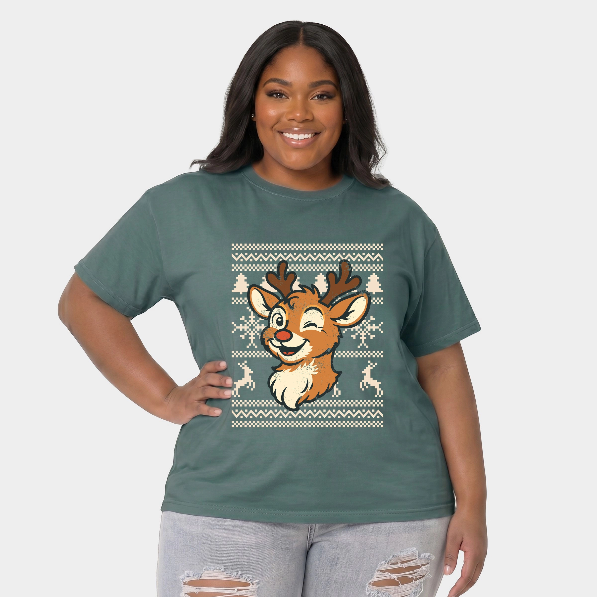 Simply Sage Market - Women's Plus Sized Garment Dyed Graphic T-Shirt Ugly Sweater Reindeer