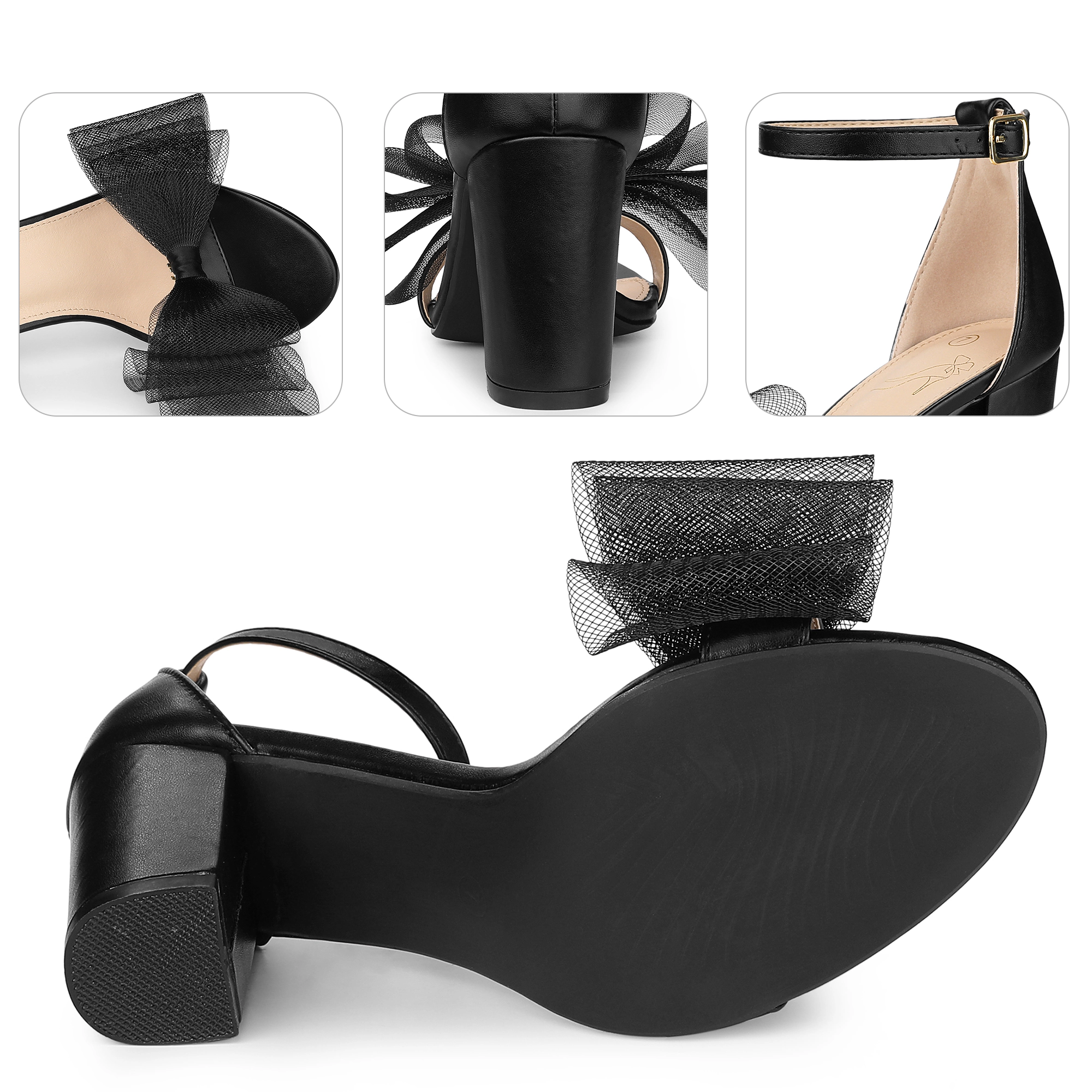 BLISSFUL STEP Women Faux Leather Bow Tie Ankle Strap Chunky High Heels Sandals