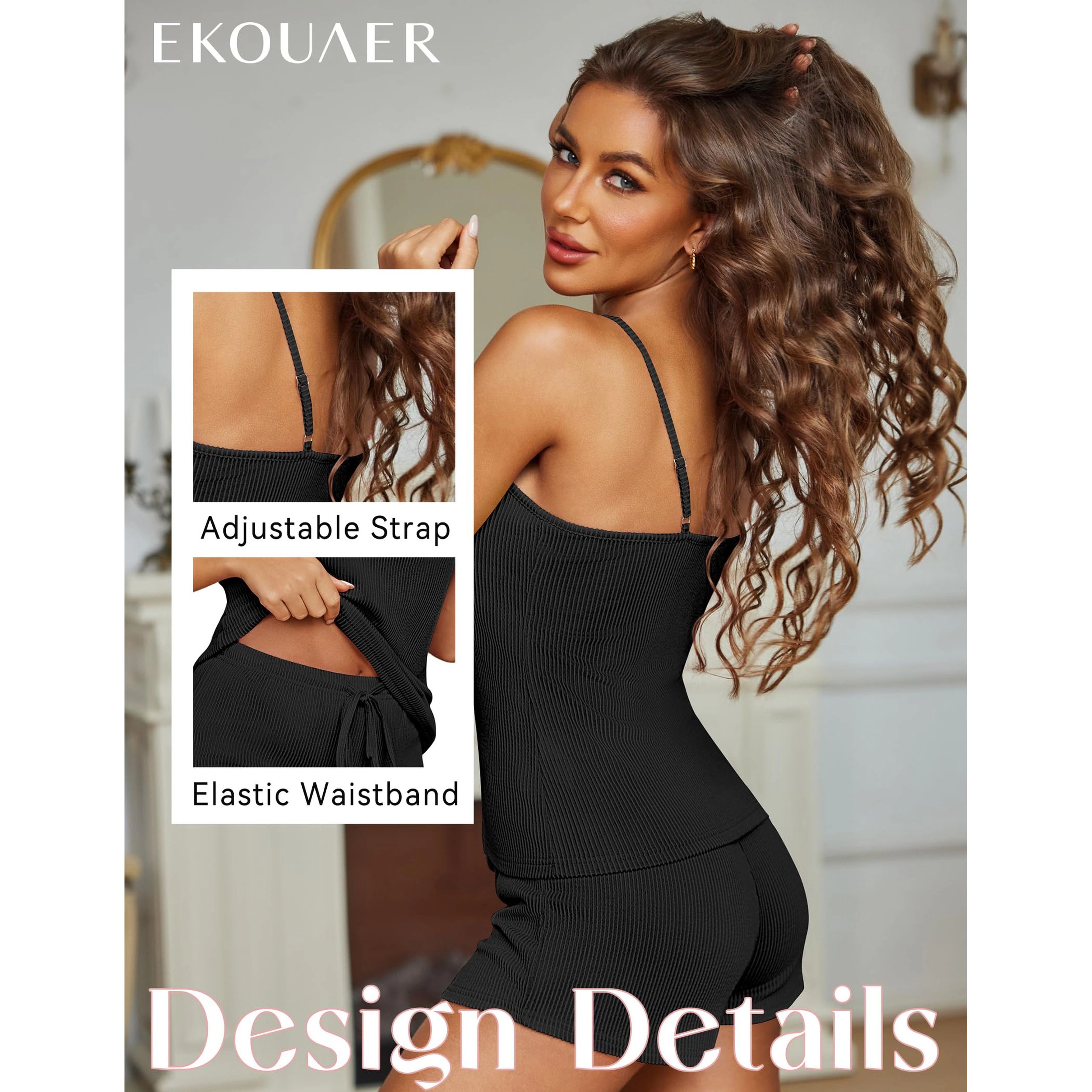 Ekouaer Pajama Sets for Women Lingerie Soft Pjs Two Piece Set U Neck Adjustable Strap Nightwear