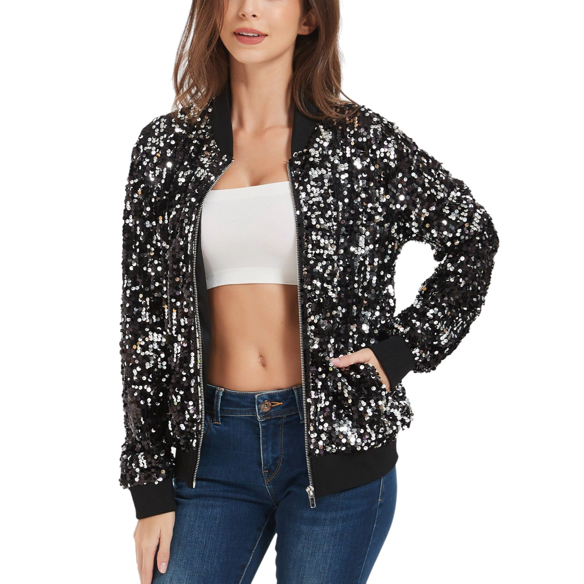 Anna-Kaci Women's Sequin Design Jacket Sparkle Long Sleeve Front Zip Blazer Bomber With Pockets