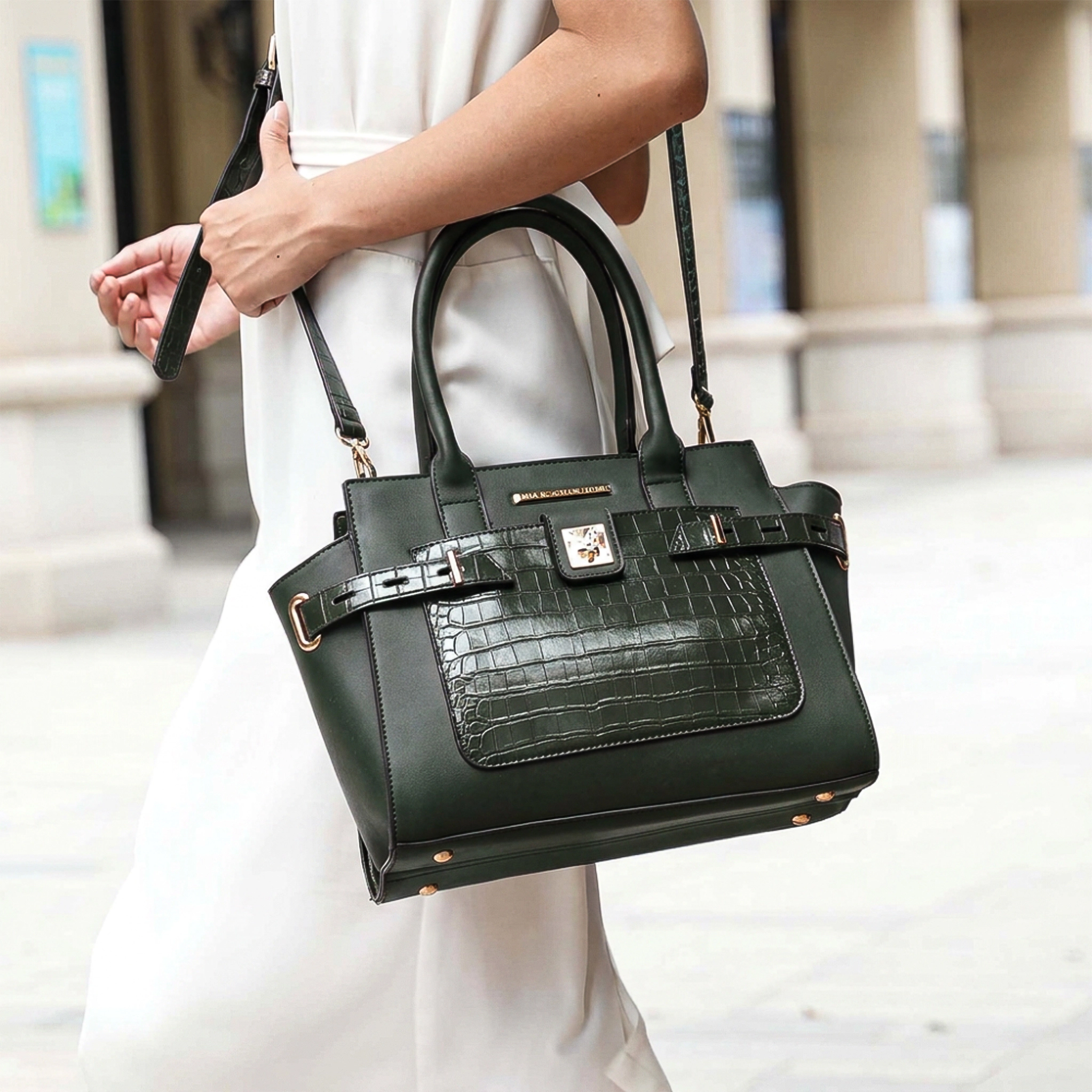 Mia K Collection Isla Satchel Bag - Vegan Leather with Croc-Embossed Detail and Matching Wallet