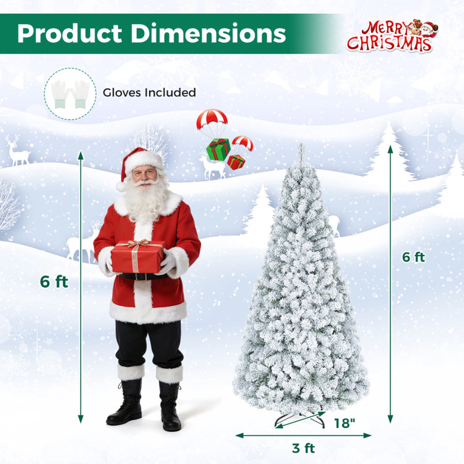 SUGIFT 6-ft Snow Flocked Artificial Christmas Tree with 600 Branch Tips 3 Sections and Foldable Stand