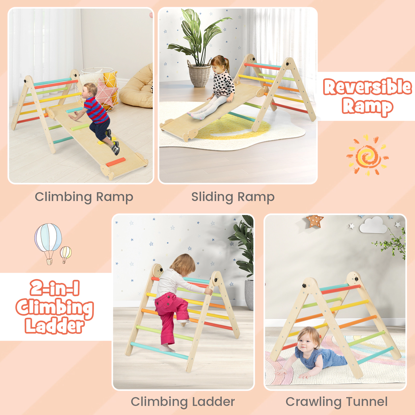 SUGIFT Kids Multicolor Foldable 3-in-1 Triangle Climber with Reversible Ramp 27-in H 132-lb Climber Capacity