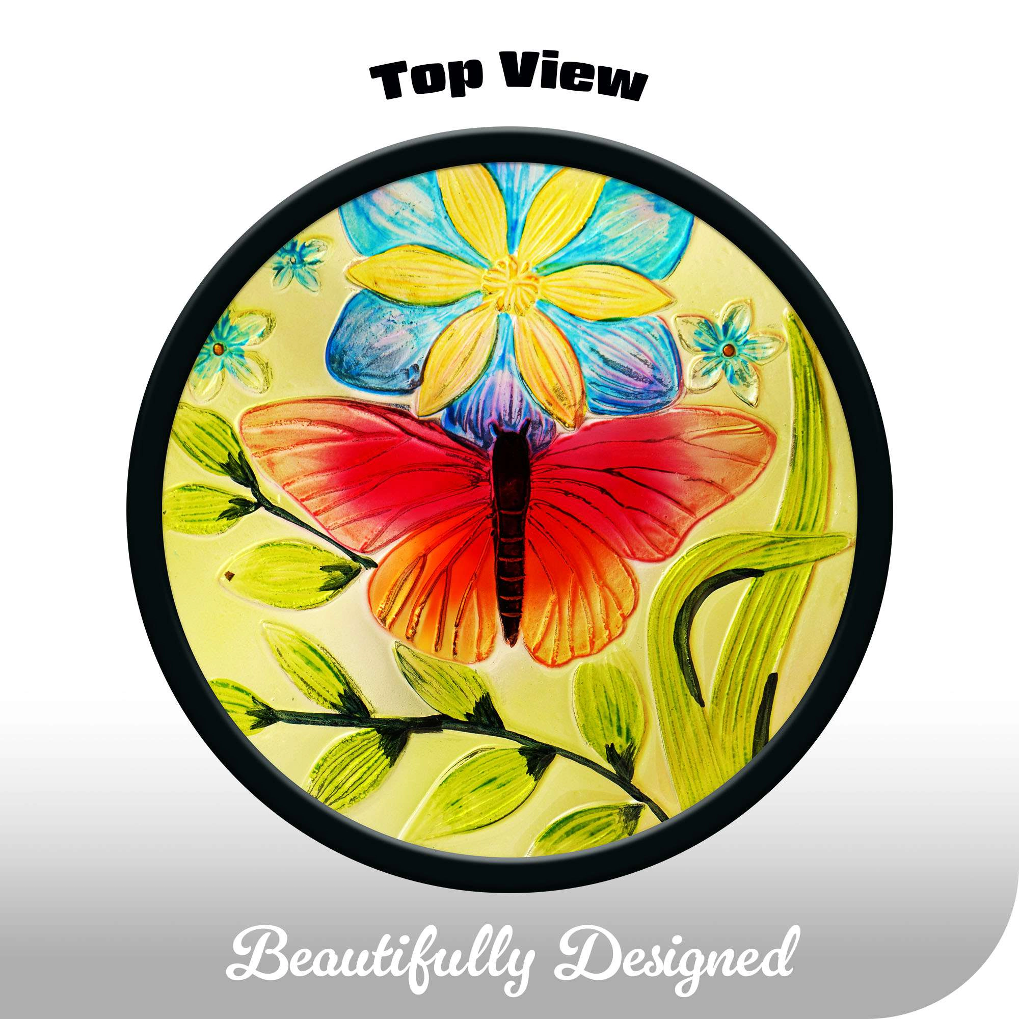 G128 12 in Round Glass Outdoor Side Table Butterfly Pattern, Foldable Metal Patio Table