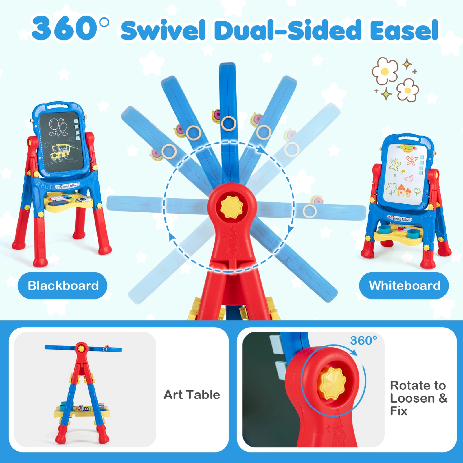 SUGIFT 4-in-1 Adjustable Height Art Easel for Kids Ages 3+ Blue & Red/Blue/Peach Fuzz