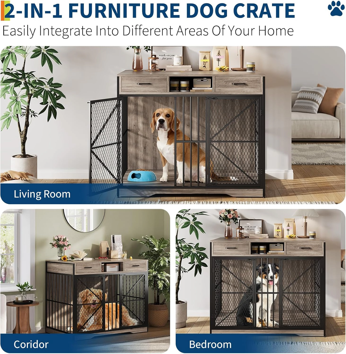 NPTT-TM01 Ironwood Pet Cage, Drawer-Style Indoor Dog Crate End-Table Furniture
