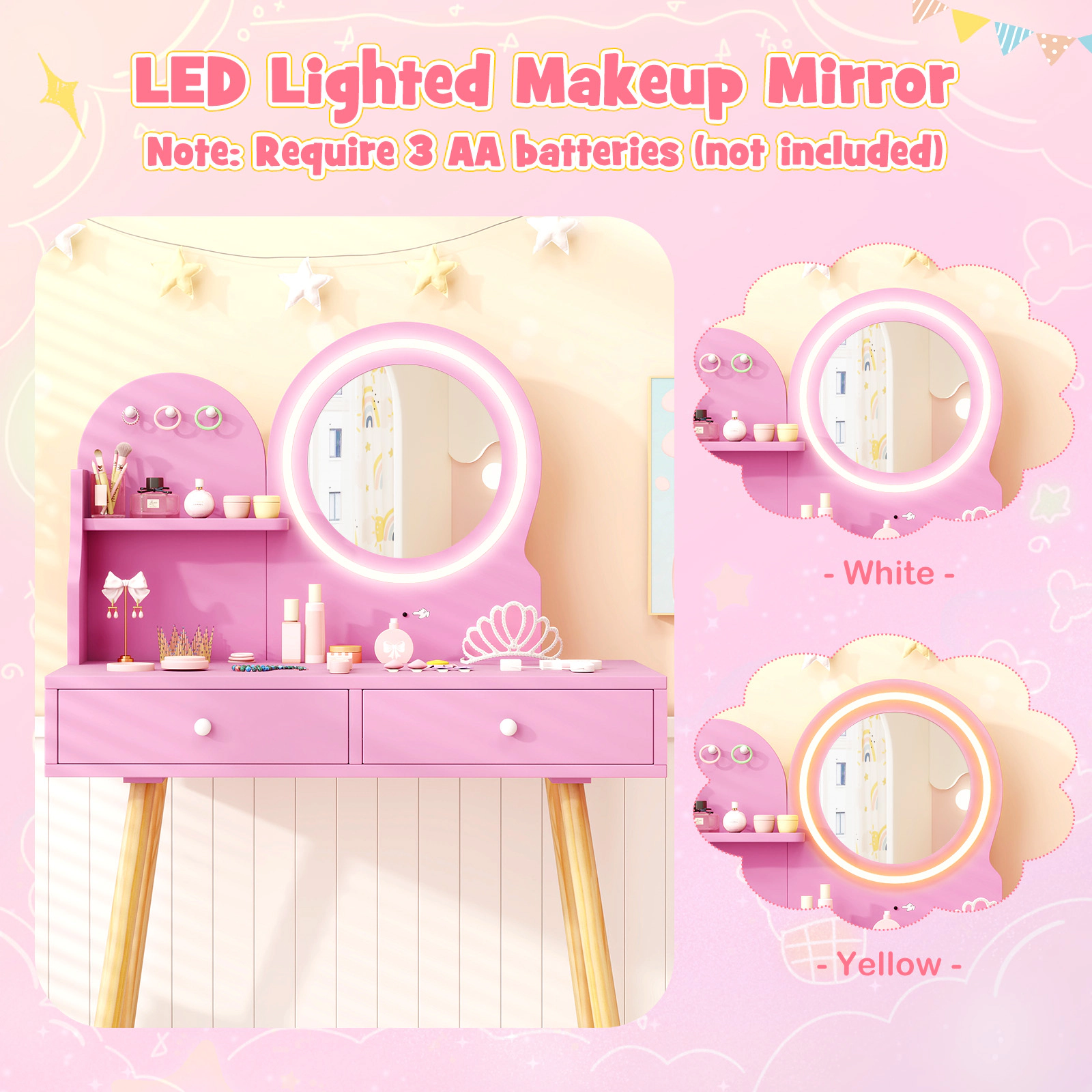 SUGIFT Kids Princess Makeup Dressing Desk & Chair Set Lighted Mirror 110-lb Tabletop 165-lb Chair Ages 3+ Pink/White