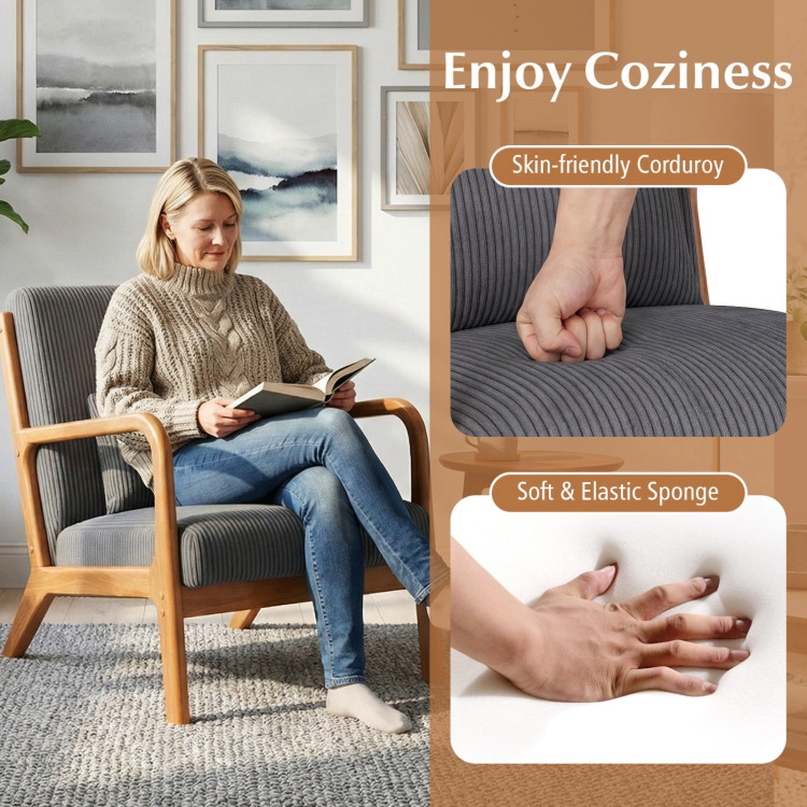 SUGIFT Lumbar Pillow and Wood Frame 350-lb Corduroy Upholstered Lounge Accent Chair