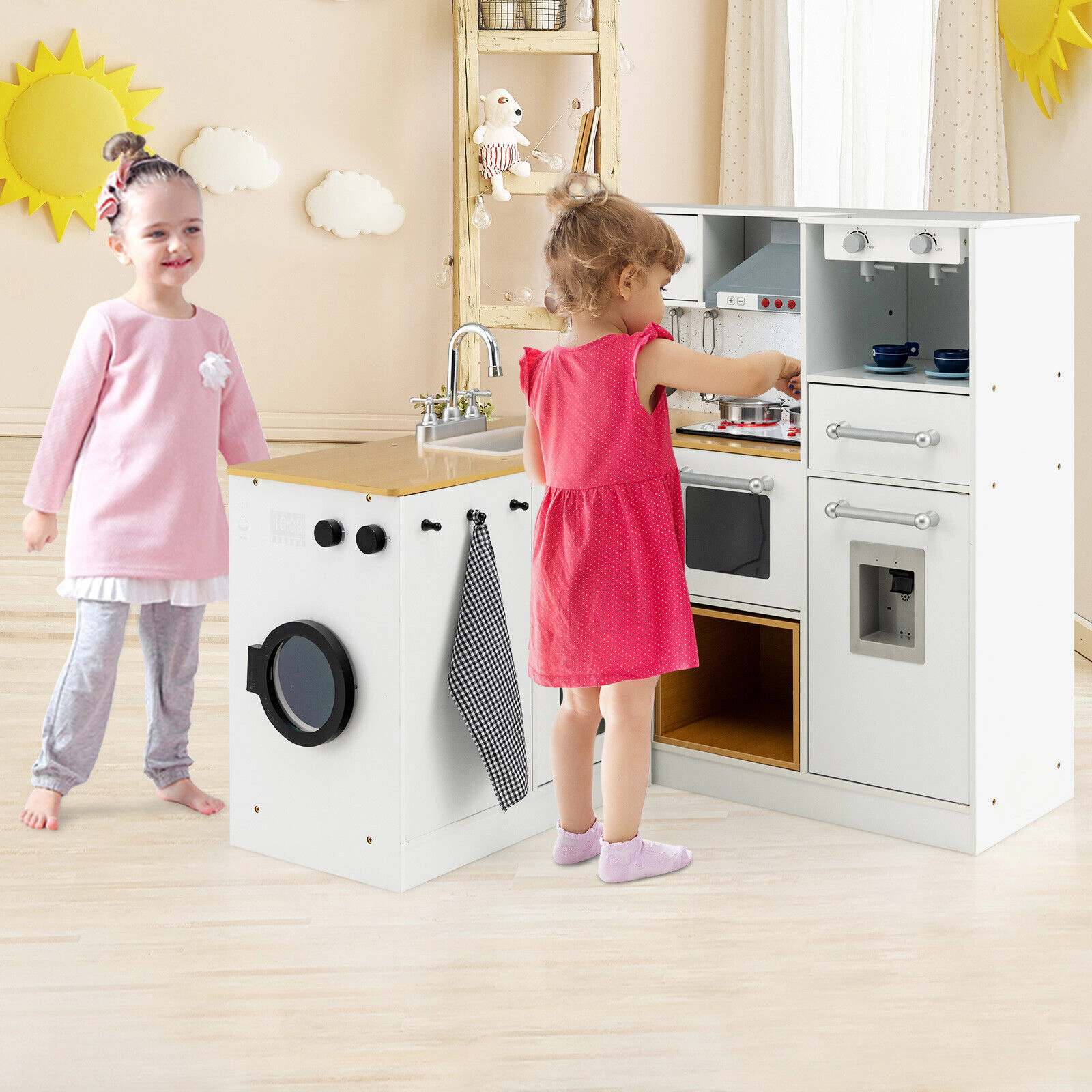 SUGIFT White Washing Machine Light and Sound 2-Piece Wooden Kids Kitchen Playset