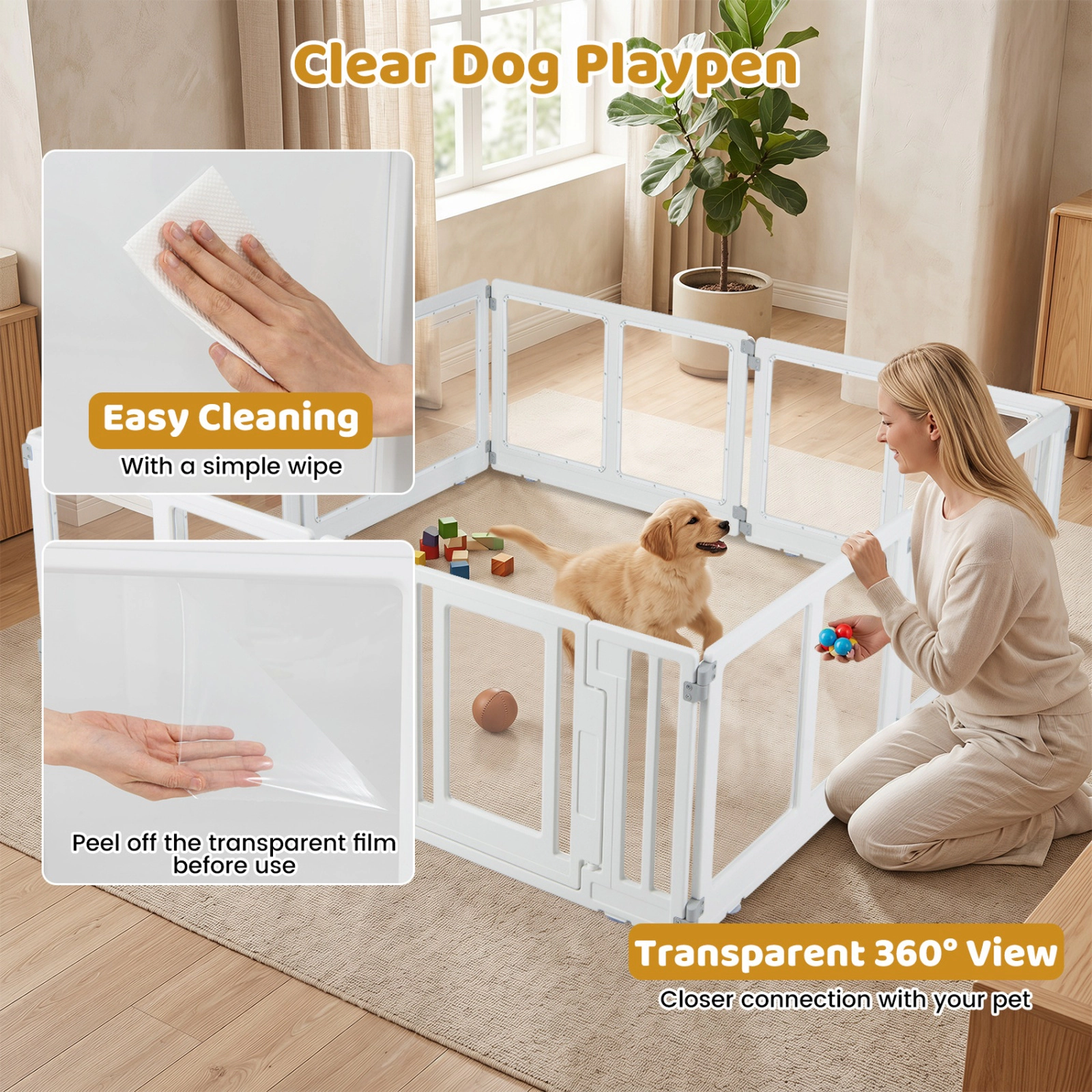 SUGIFT Clear Plastic 8-Panel Dog Playpen Pet Gate with Secure Locking Door 22.5-in Tall Multiple Layouts White