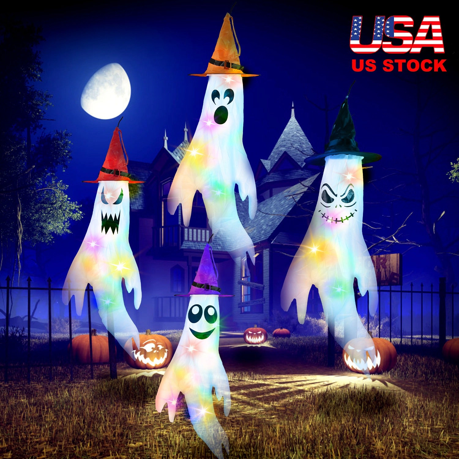 GBruno 4-Piece LED Ghost Windsocks Halloween Decoration