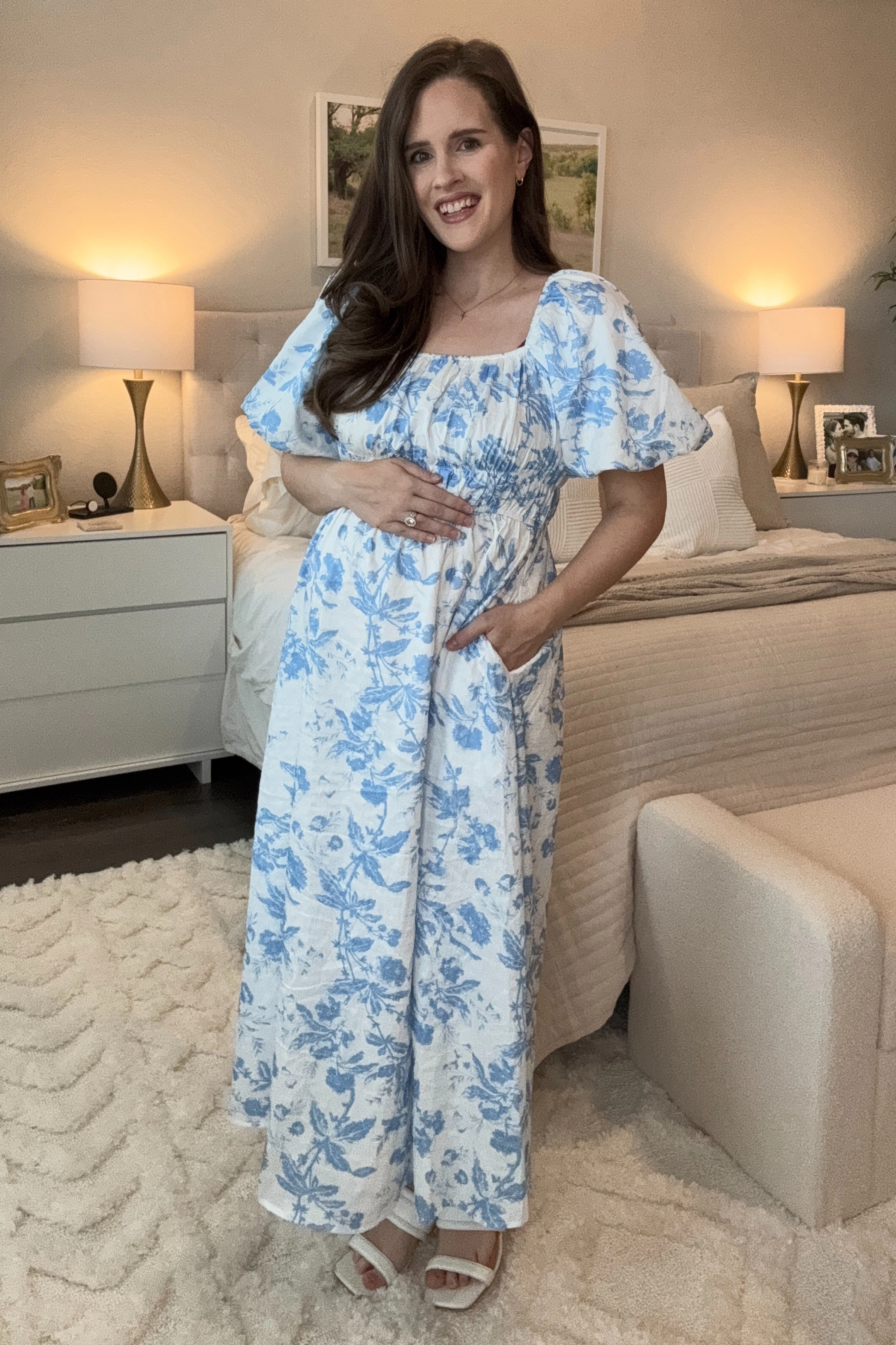 PinkBlush Womens Blue Floral Puff Sleeve Maternity Midi Dress