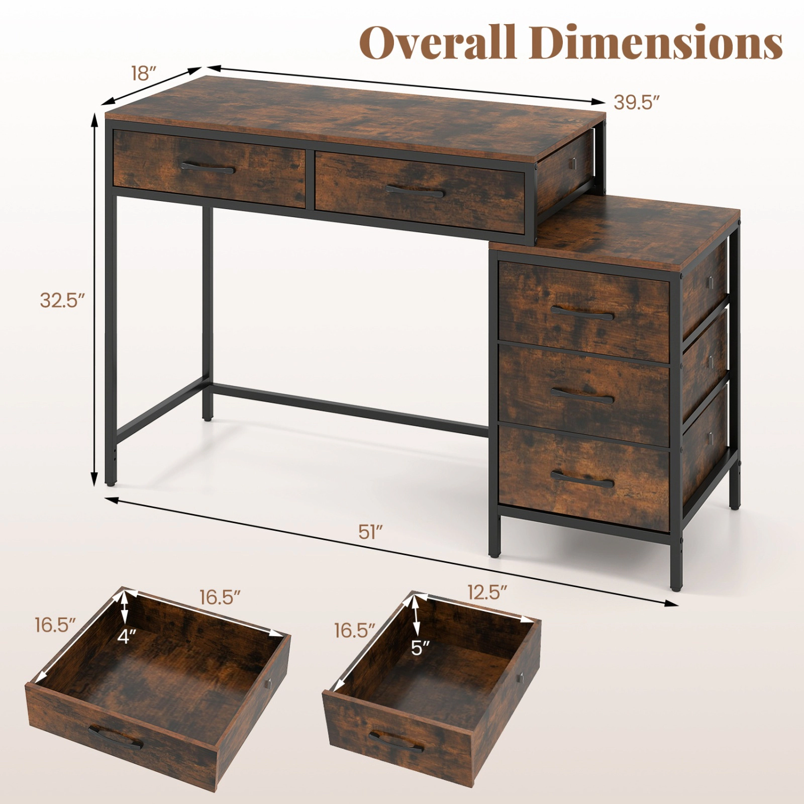 SUGIFT 51-Inch Rustic Brown Computer Desk with 5 Drawers, Printer Stand and Reversible Storage Tower