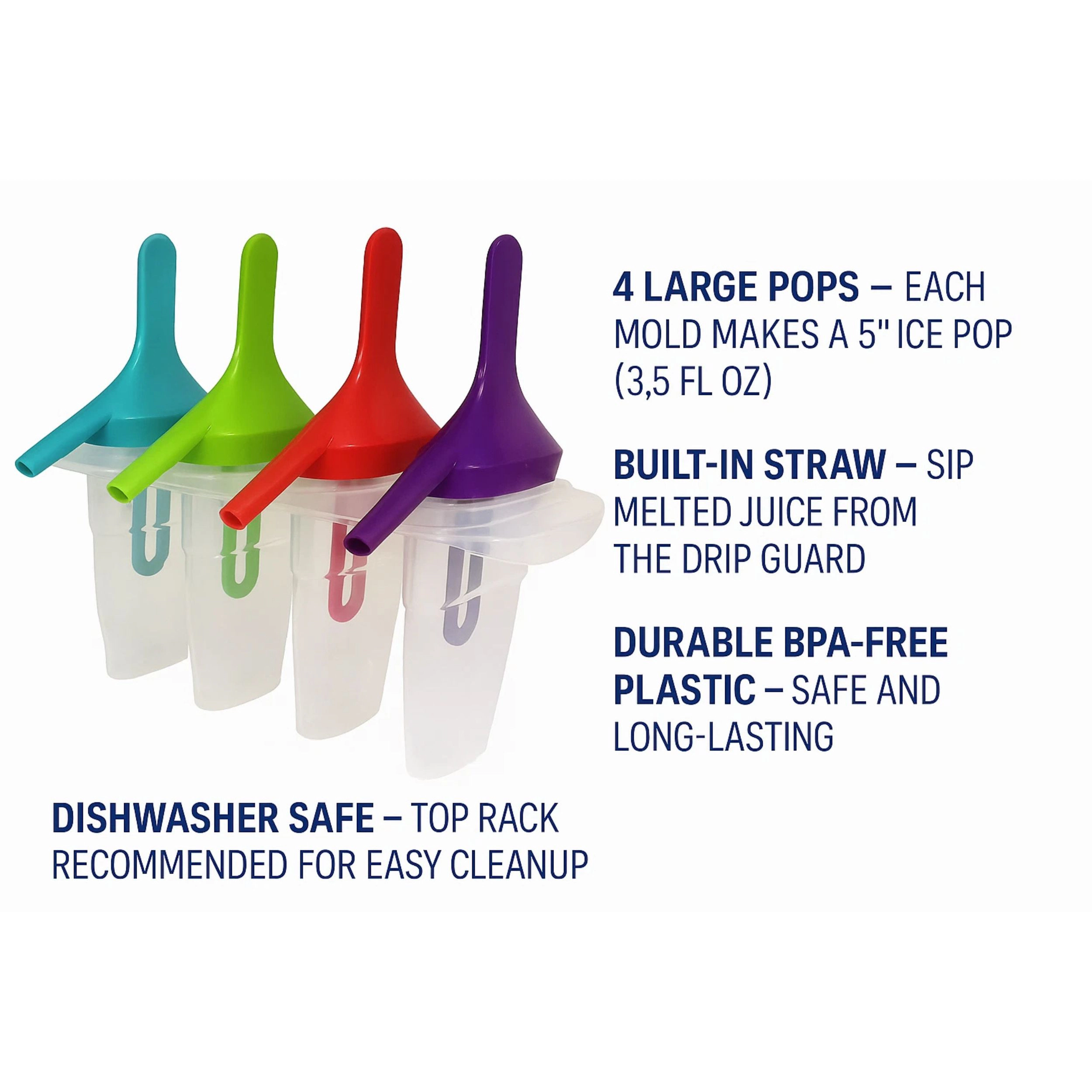 Home Collection Pack of 4 BPA-Free Popsicle Mold Set with Built-In Straw, Freezer Safe Ice Pop Maker
