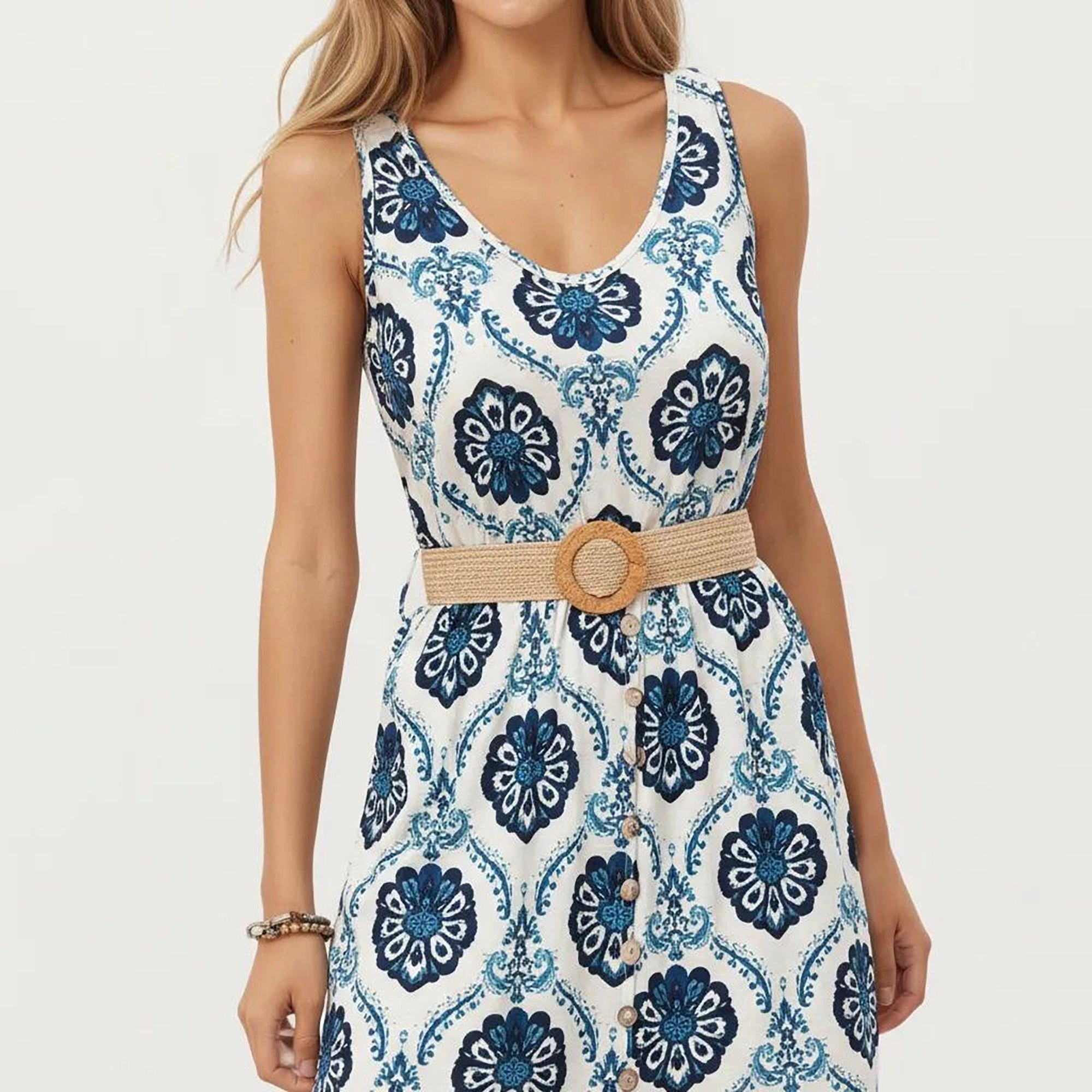Anna-Kaci Women's Sleeveless Medallion Pattern Belted Waist Front Slit Maxi Dress