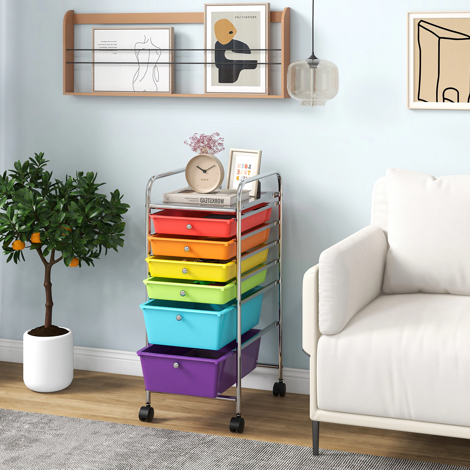 SUGIFT 6-Drawer Slim Rolling Storage Cart with 2 Deep 4 Shallow Clear Drawers and Locking Casters