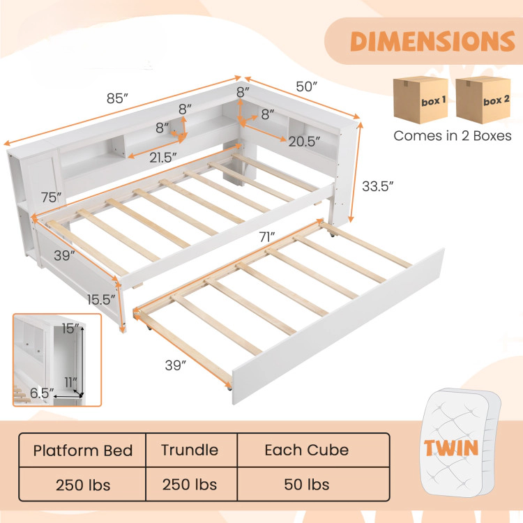 SlickBlue Twin Daybed with Trundle and Storage Cubes