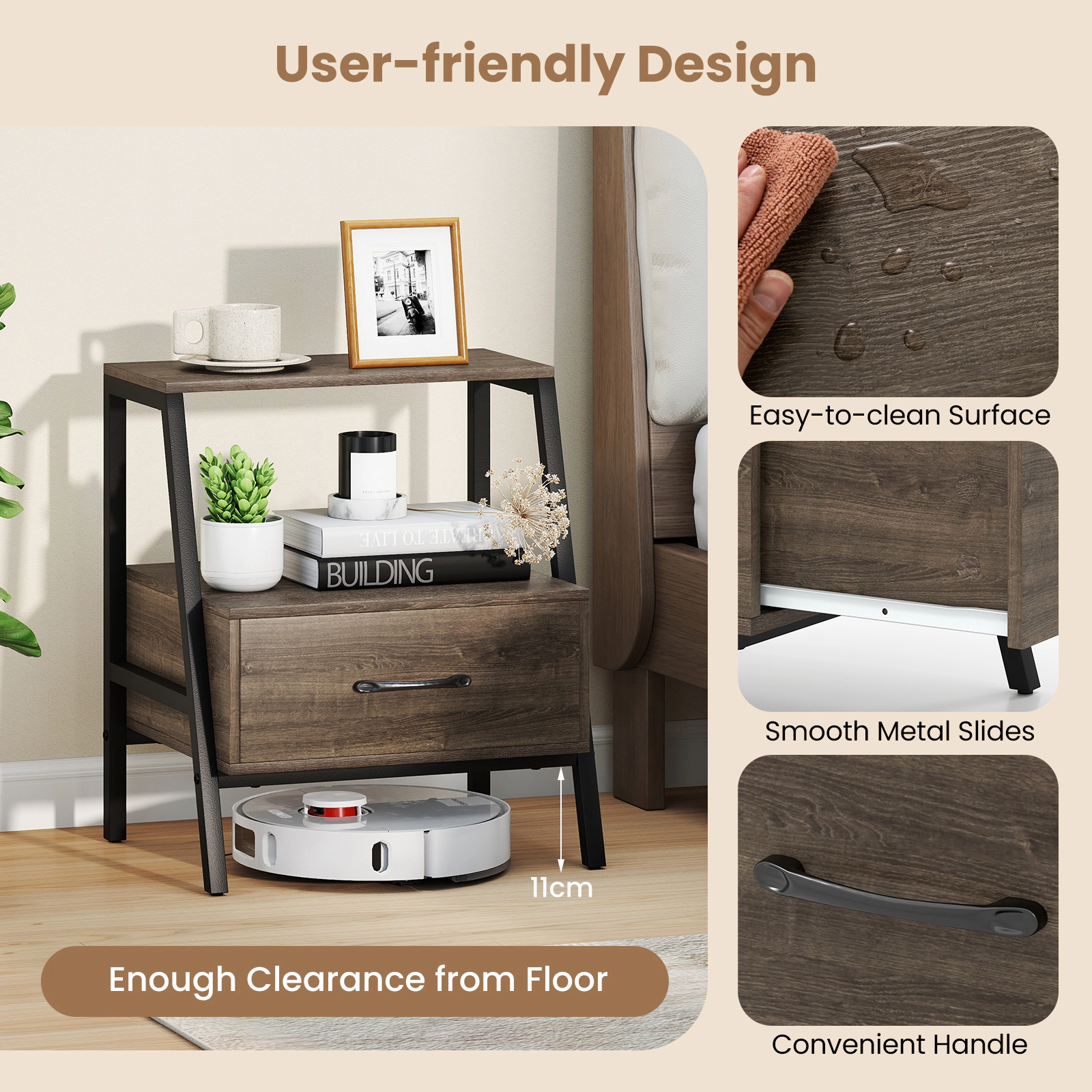 SUGIFT 3-Tier Farmhouse Nightstand Open Shelf & Drawer 155-lb Capacity 17.5-lb Net Weight Gray Engineered Wood & Metal