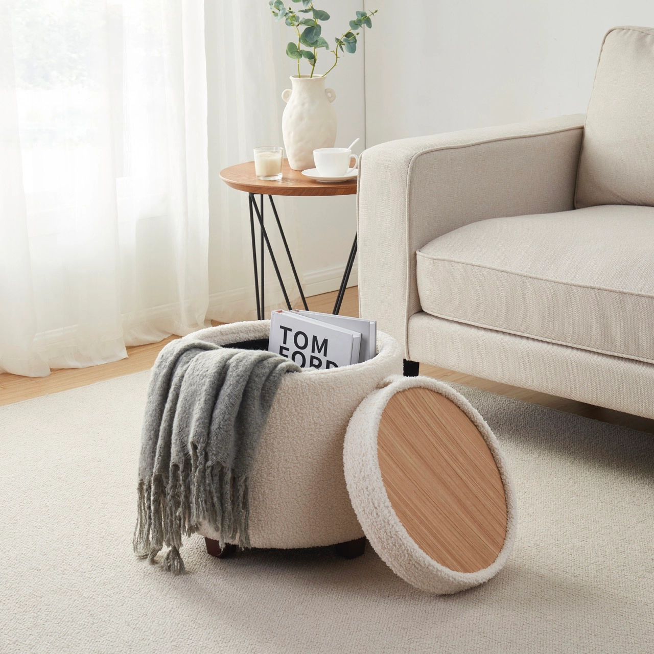 Ornavo Home Round Boucle White Storage Ottoman with Table Top Lid