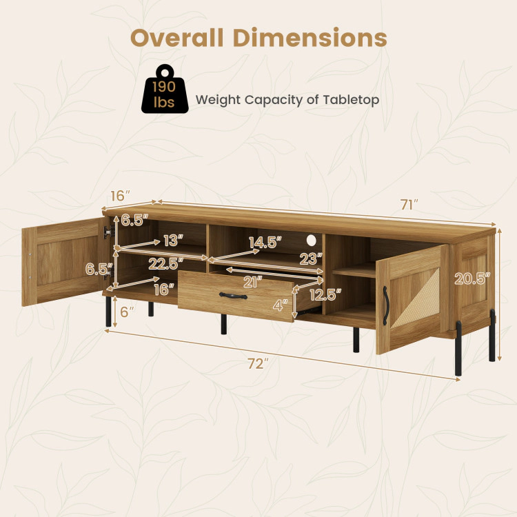 Hivvago Rattan Tv Stand For Tvs Up To 80" Mid Century Modern Media Console Table With 2 Storage Cabinets