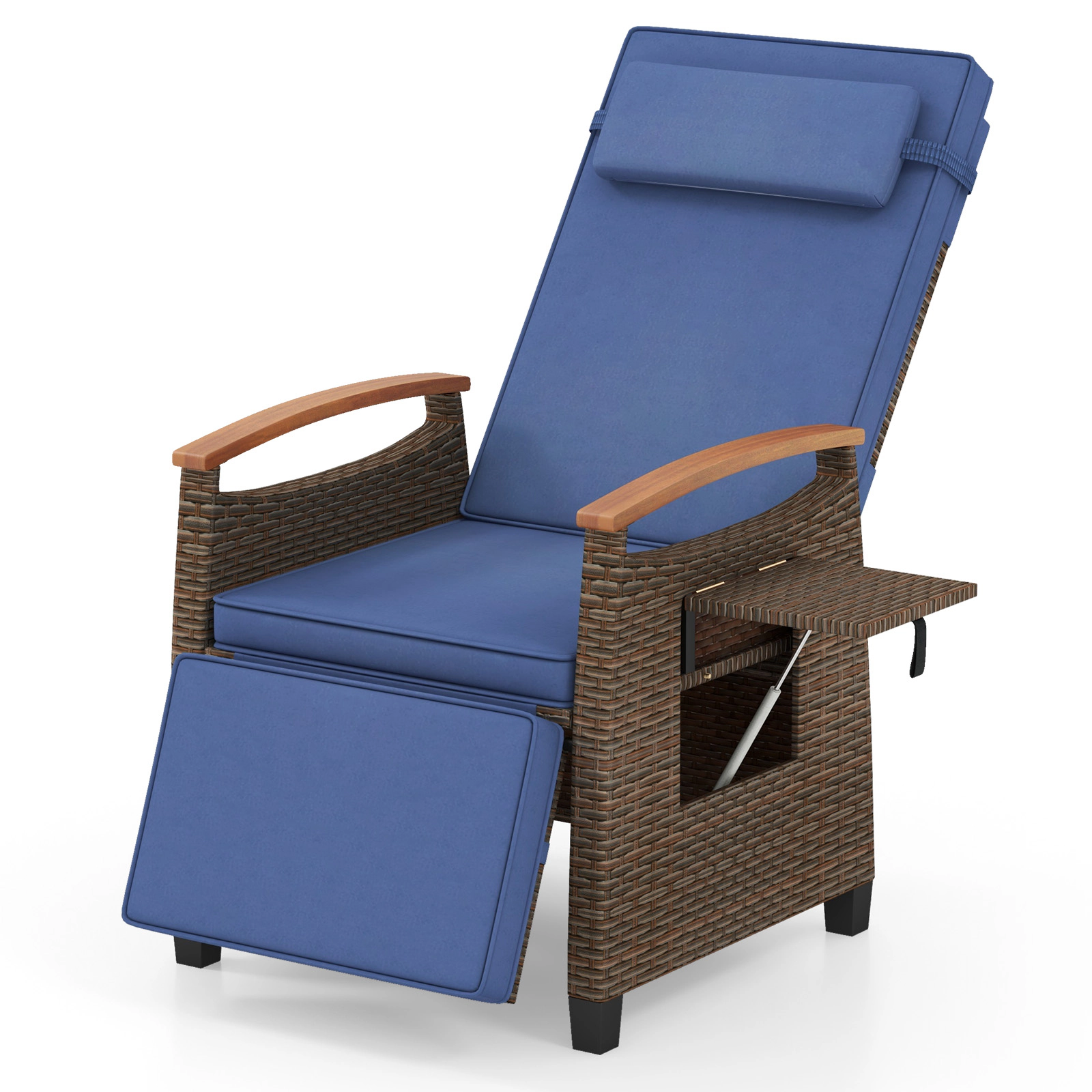 SUGIFT Side Table Navy Patio Wicker Recliner Chair 150-Degree Adjustable Backrest and Footrest