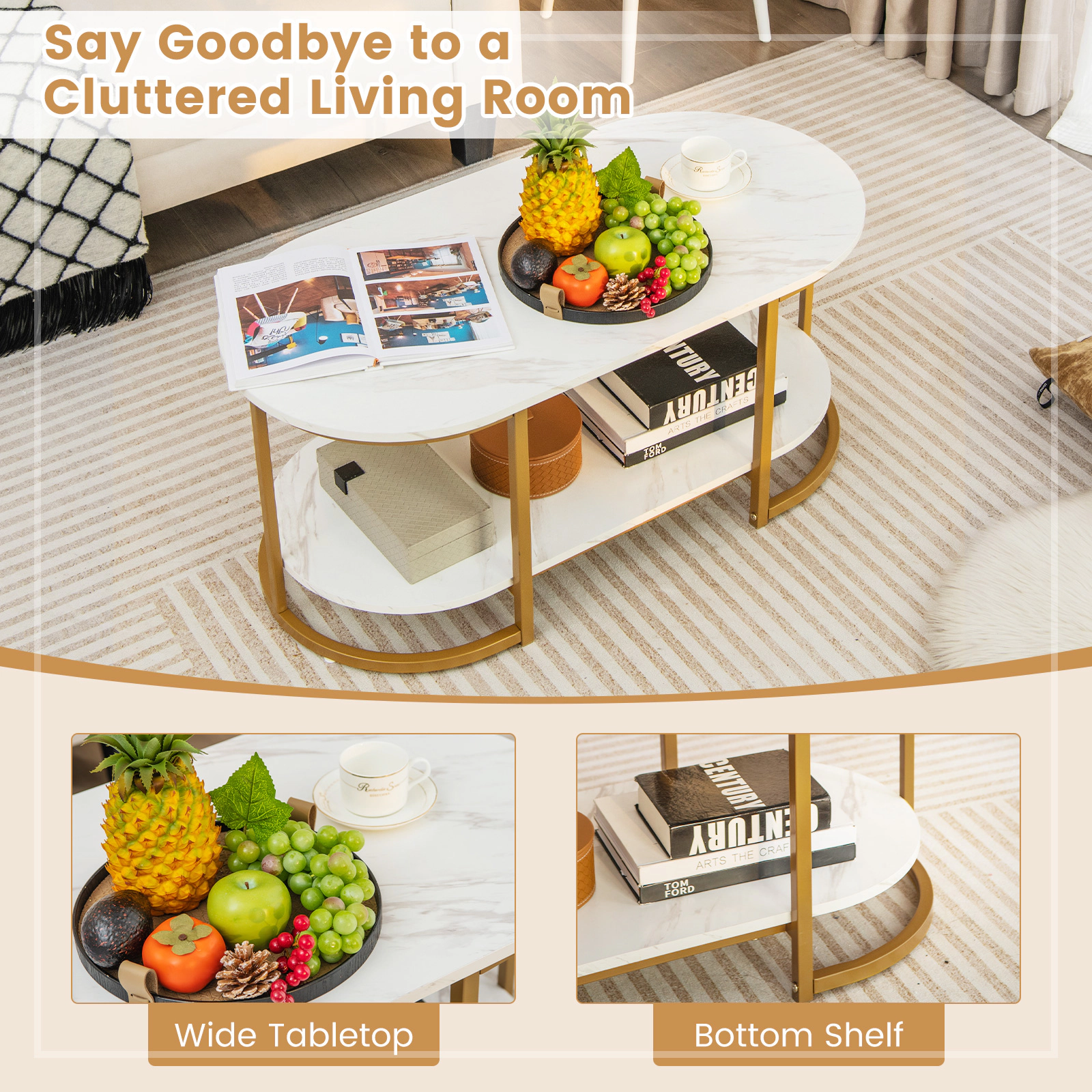 Glintex 2-Tier 39.5-Inch Faux Marble Coffee Table with Metal Tube Frame