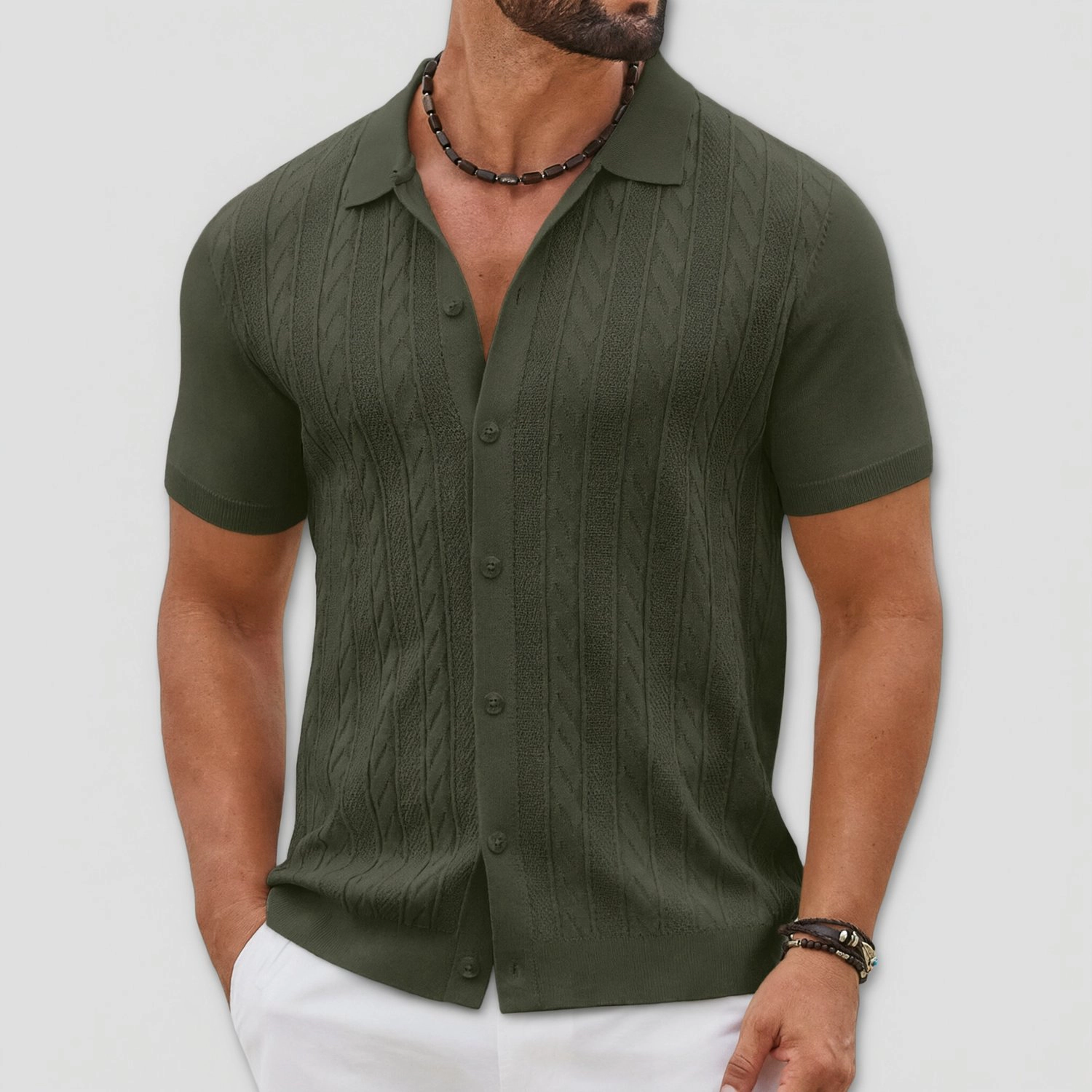 COOFANDY Mens Short Sleeve Button Down Shirts  V Neck Cable Knit Casual Tops
