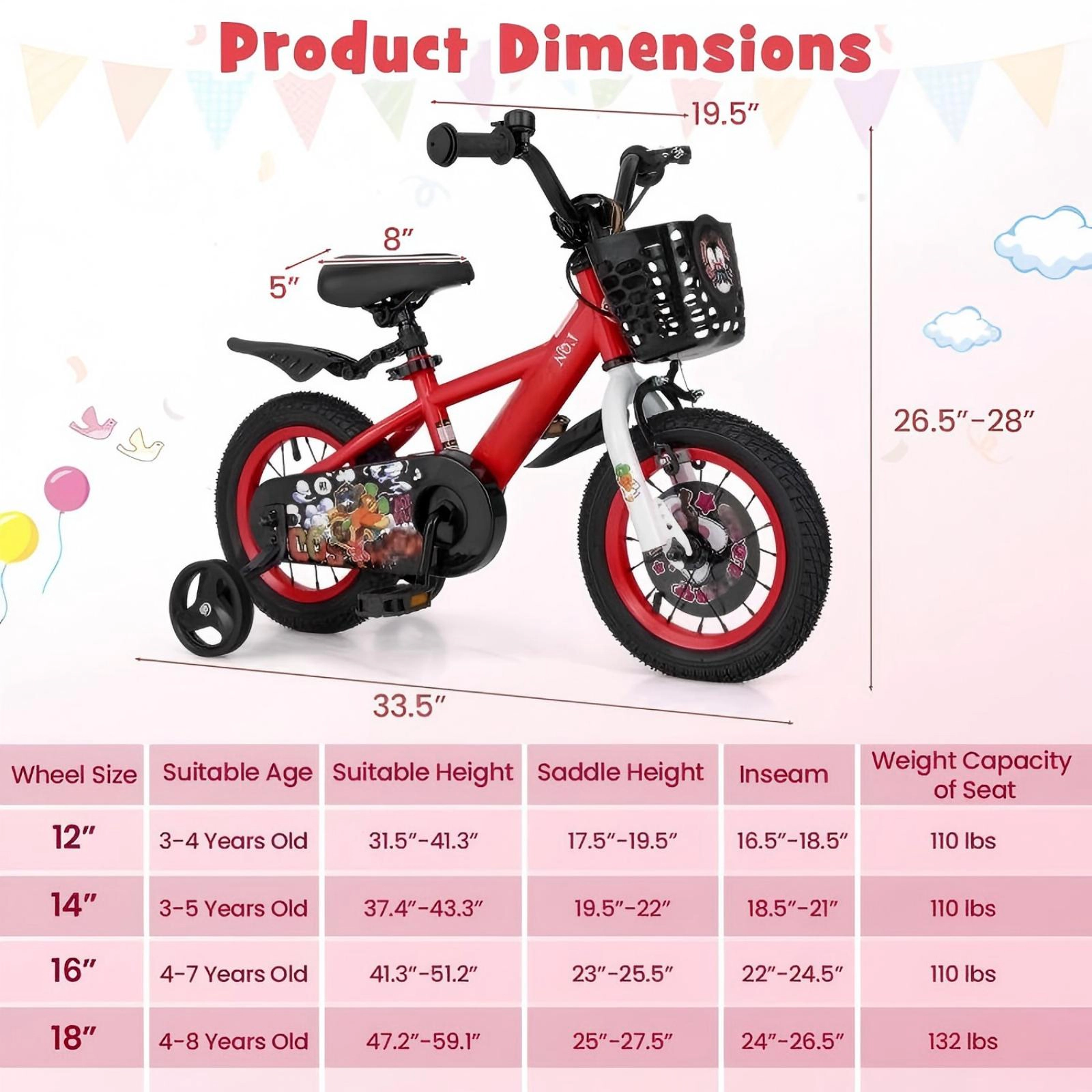 SUGIFT Adjustable 12-Inch Kids Bicycle with Double Brake and Storage Basket 110-lb Capacity Ages 3-4 Years Red