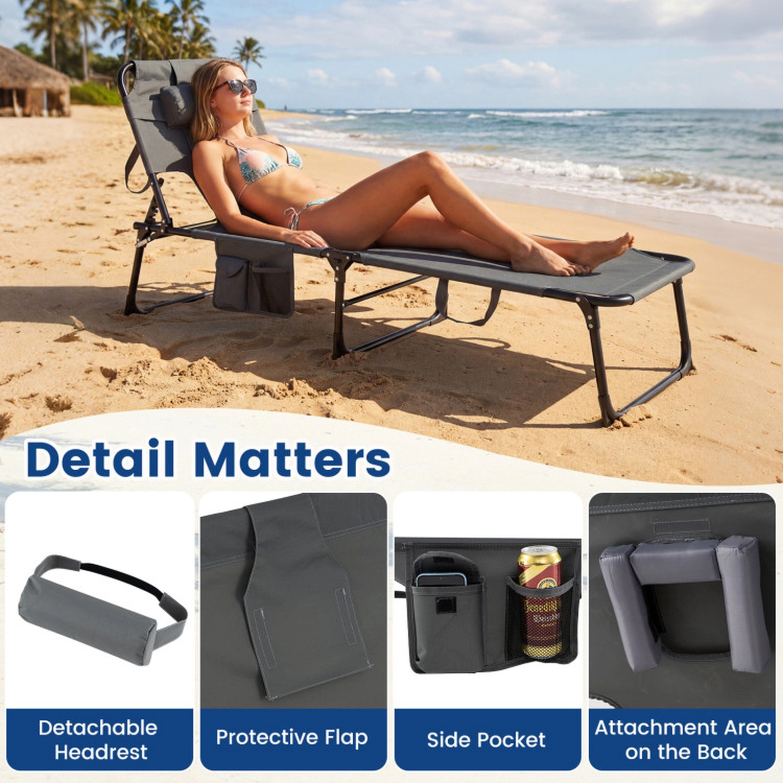 SUGIFT Set of 2 Portable Tanning Chaise Lounge Chairs with 4-Position Adjustable Backrest 330-Lb Capacity 76-in Gray