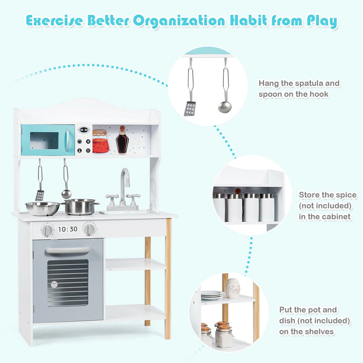 SUGIFT White Stove Sink and Storage Shelves Kids Wooden Play Kitchen Cookware Set
